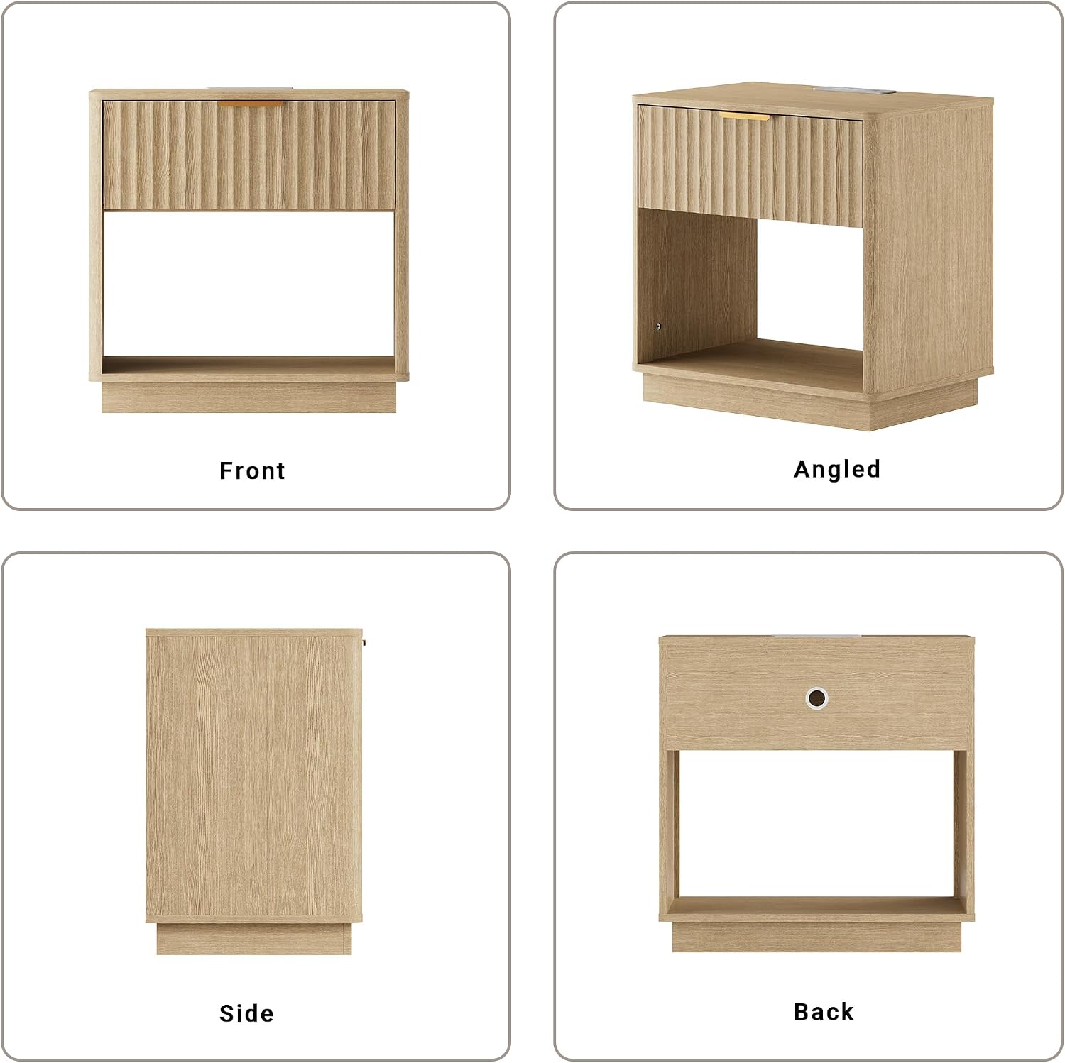 Fluted Nightstand, Night Stand Set 2, 23' Wide Nightstands Set of 2 with Charging Station, Large Wooden End Table with Drawer, Modern Bedside Table for Bedroom, Curved Corners, Natural Oak