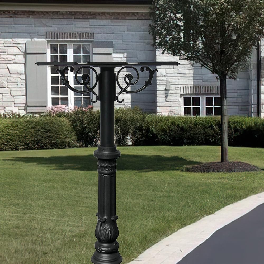 The Hanford Cast Aluminum Triple Mailbox Post System with Ornate Base, Mounting Brackets and Scroll Supports, Mailboxes Sold Separately, Ships in 2 boxes