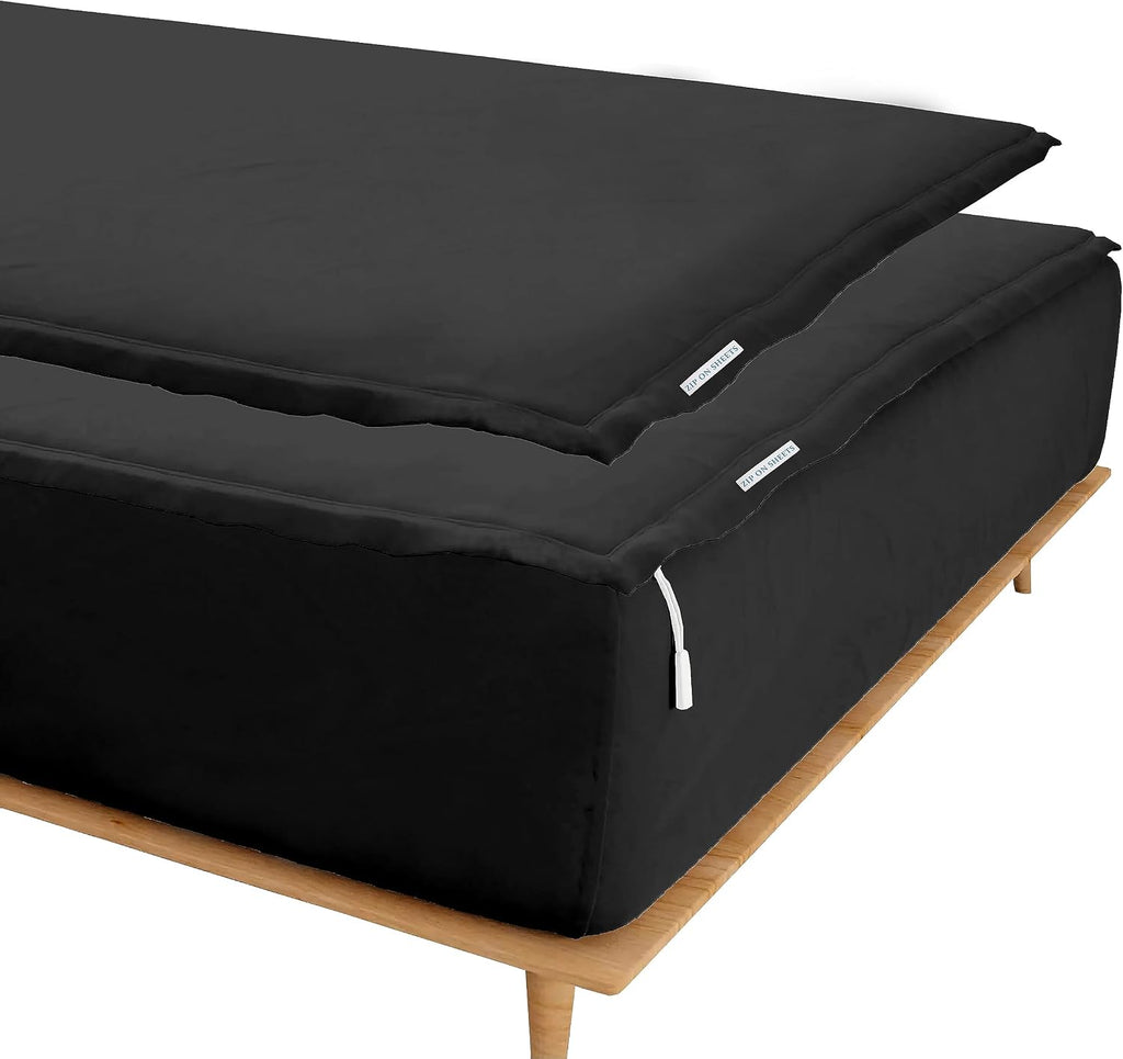 Zip On Sheets™ Zipper Fitted Sheet Queen Size - Upto 16' Inch Deep Pockets - Includes 1 Fitted Sheet Base & 2 Zip-On Sheets - Easy to Use, Sateen Cotton 500 TC Fitted Sheet - Black