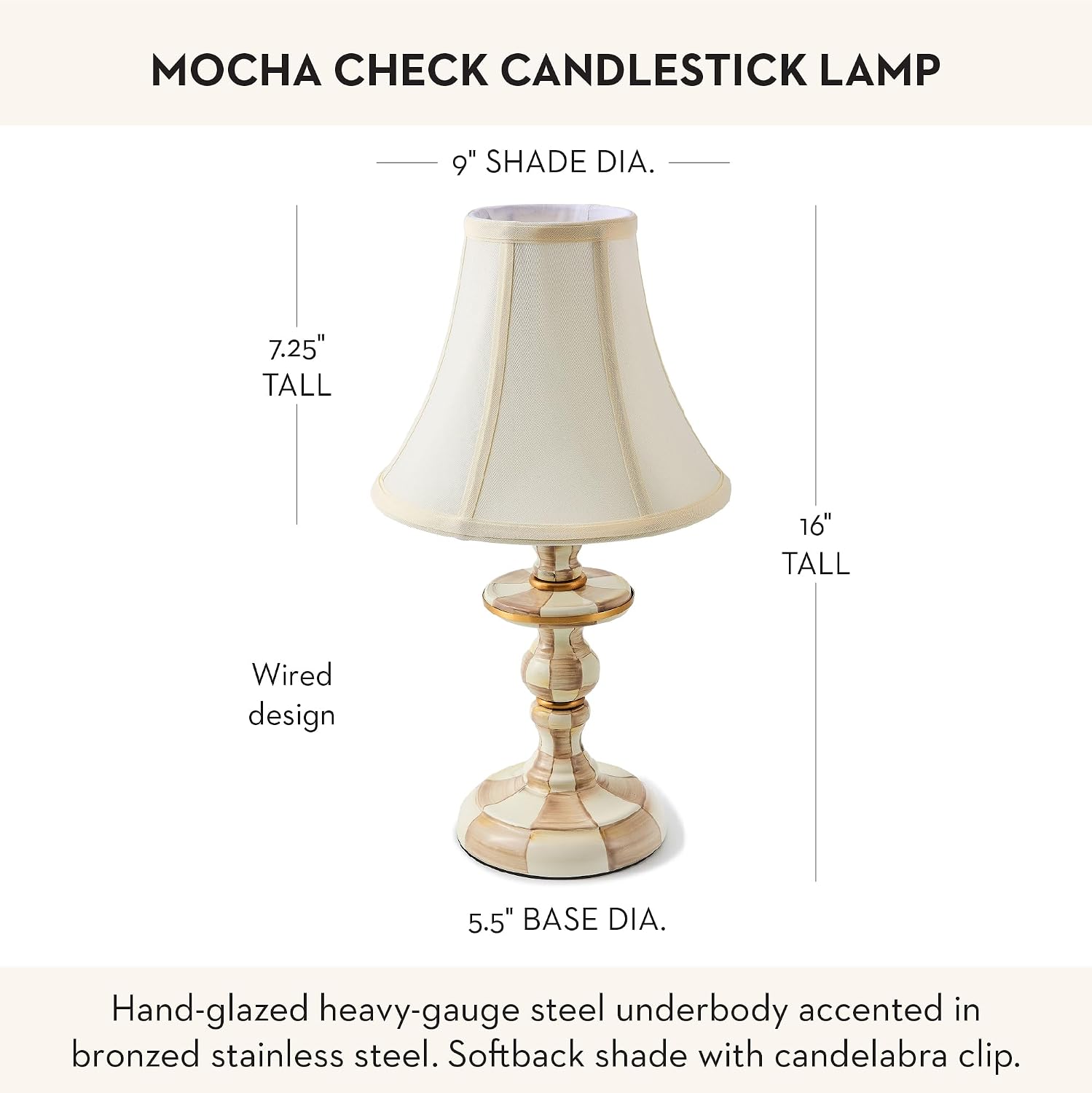 MACKENZIE-CHILDS Candlestick Lamp, Decorative Living Room and Bedroom Lamp, Brown-and-White Mocha Check