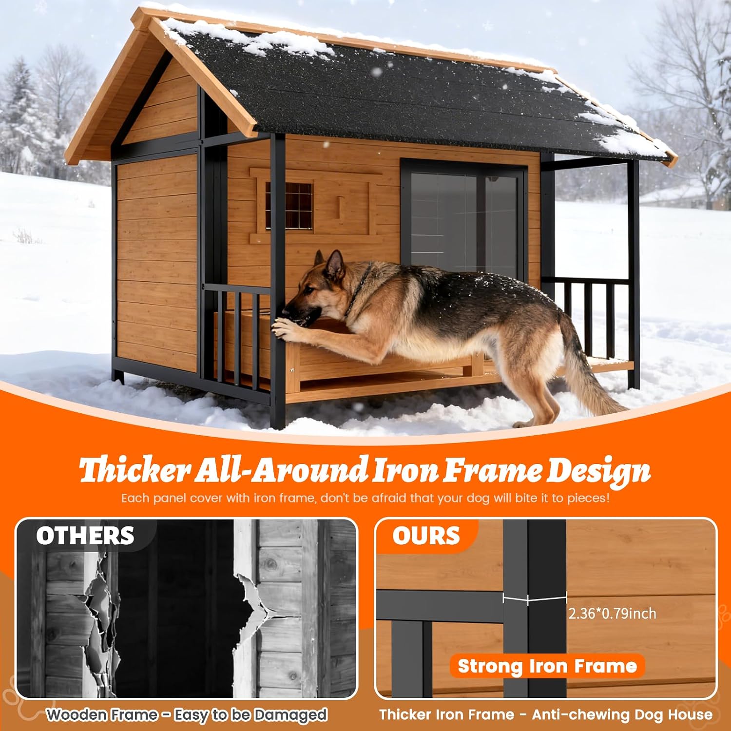 51'' Dog House with Dog Bowls Stand, Large Outdoor Dog House Kennel with Weatherproof Roof, Easy to Install Anti-Bite Design Dog Home for Outside Small Medium Large Dogs(Brown)