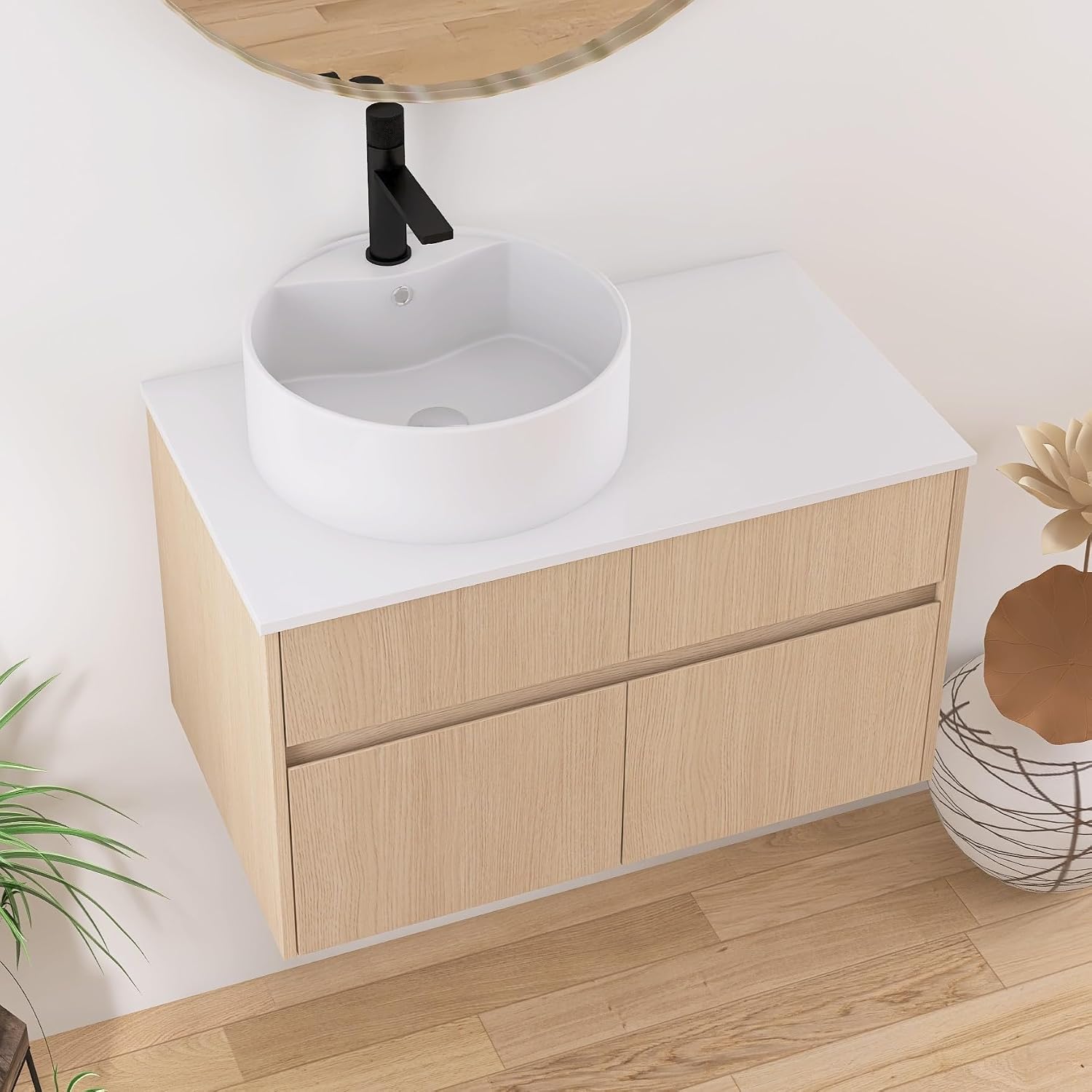 32 Inch Floating Bathroom Vanity with Sink, Modern Wall Mounted Cabinet, Ceramic Vessel Basin, 2 Soft Close Doors and 2 Drawer, White Oak