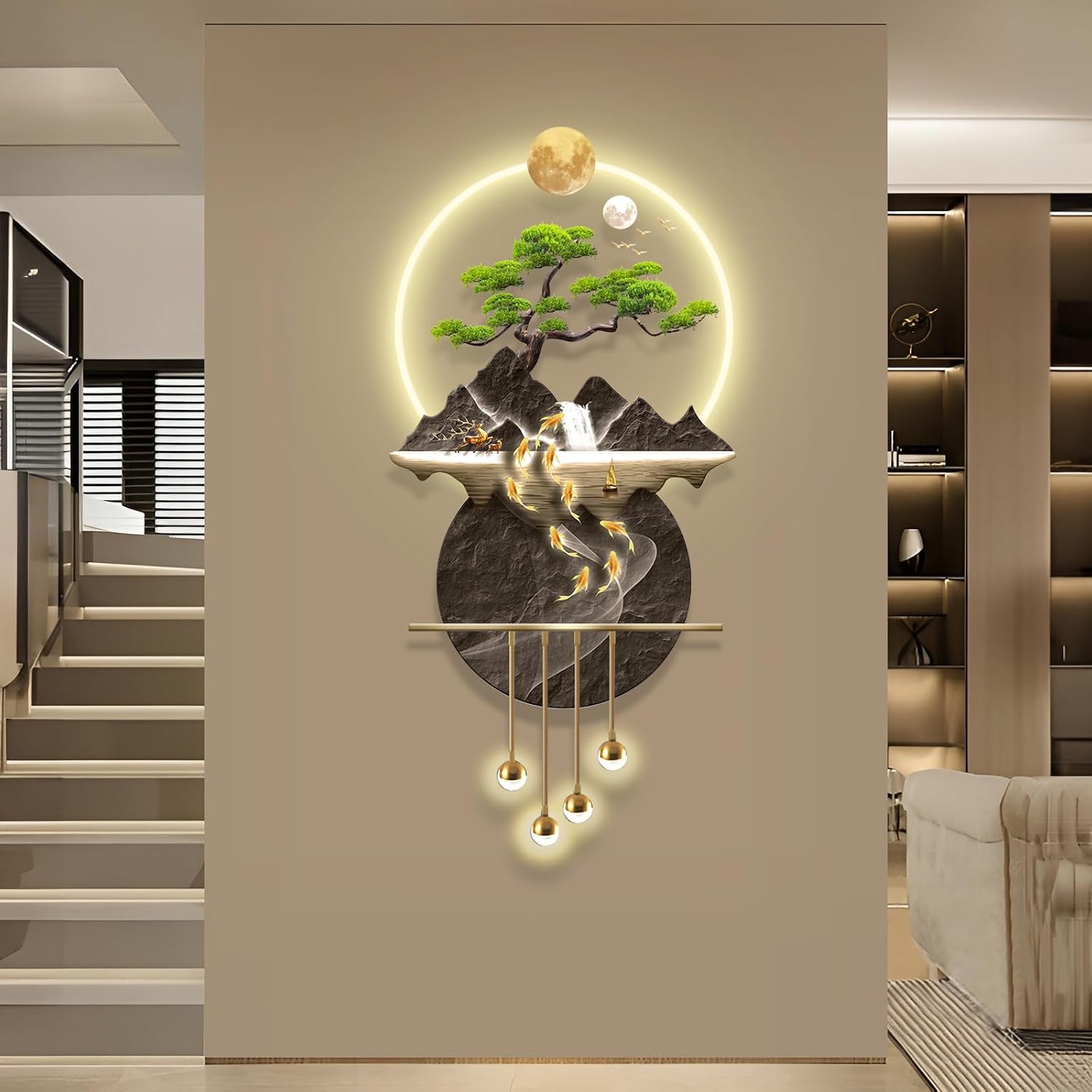LED Light Decor Wall Art, 3D Art Wall Decor with Light, Decors Walls Sculptures Large 3D Art, Decors Walls Sculptures Lighting Modern, Plug-in Power Supply, Gold G, 23x47IN
