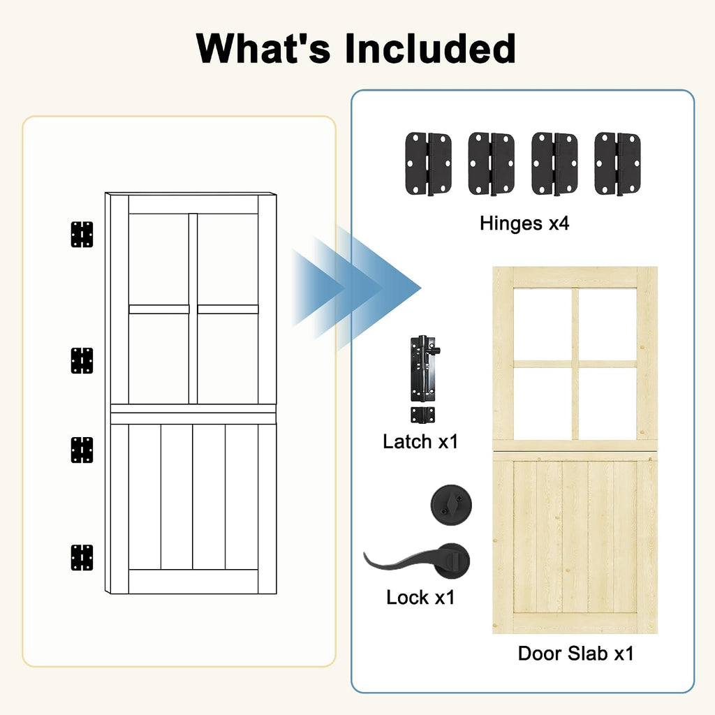 32' x 80' Exterior Dutch Entry Door (Front/Outside) - 1.75' Solid Pine with 4-Lite Glass, Half Panel,Interior Doors Slab for Home Entryway/Back w/4 Hinges+1 Latch +1 Slab+1 Lock Set