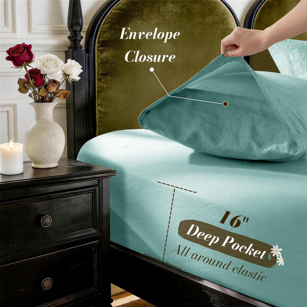SONORO KATE 100% French Pure Linen Sheets, Breathable and Durable Linen Queen Size Sheets, Anti-Tear Linen Bed Sheets, Machine Washable, 16 Inch Deep Pocket - 4 Piece (Aqua, Queen)