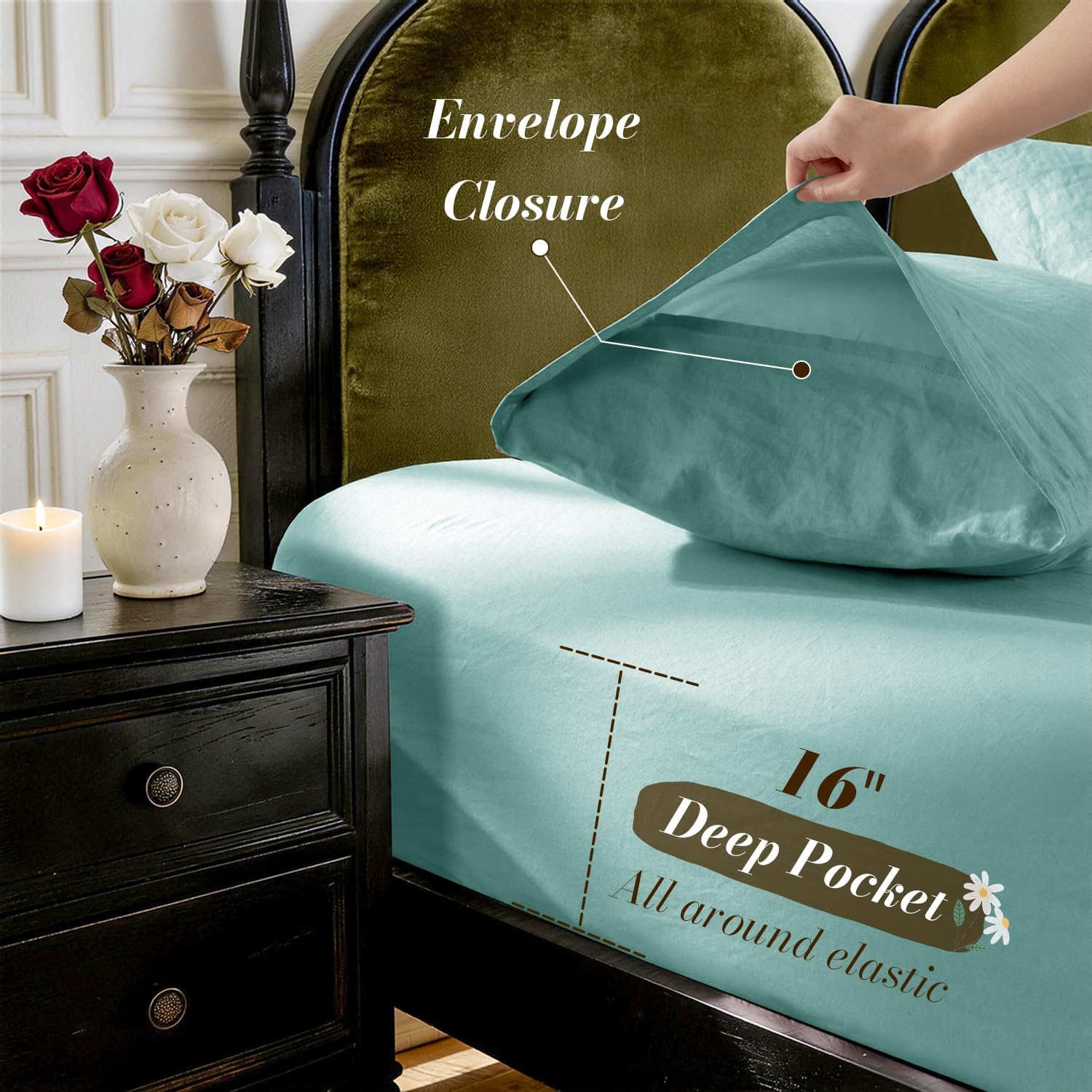 SONORO KATE 100% French Pure Linen Sheets, Breathable and Durable Linen Queen Size Sheets, Anti-Tear Linen Bed Sheets, Machine Washable, 16 Inch Deep Pocket - 4 Piece (Aqua, Queen)
