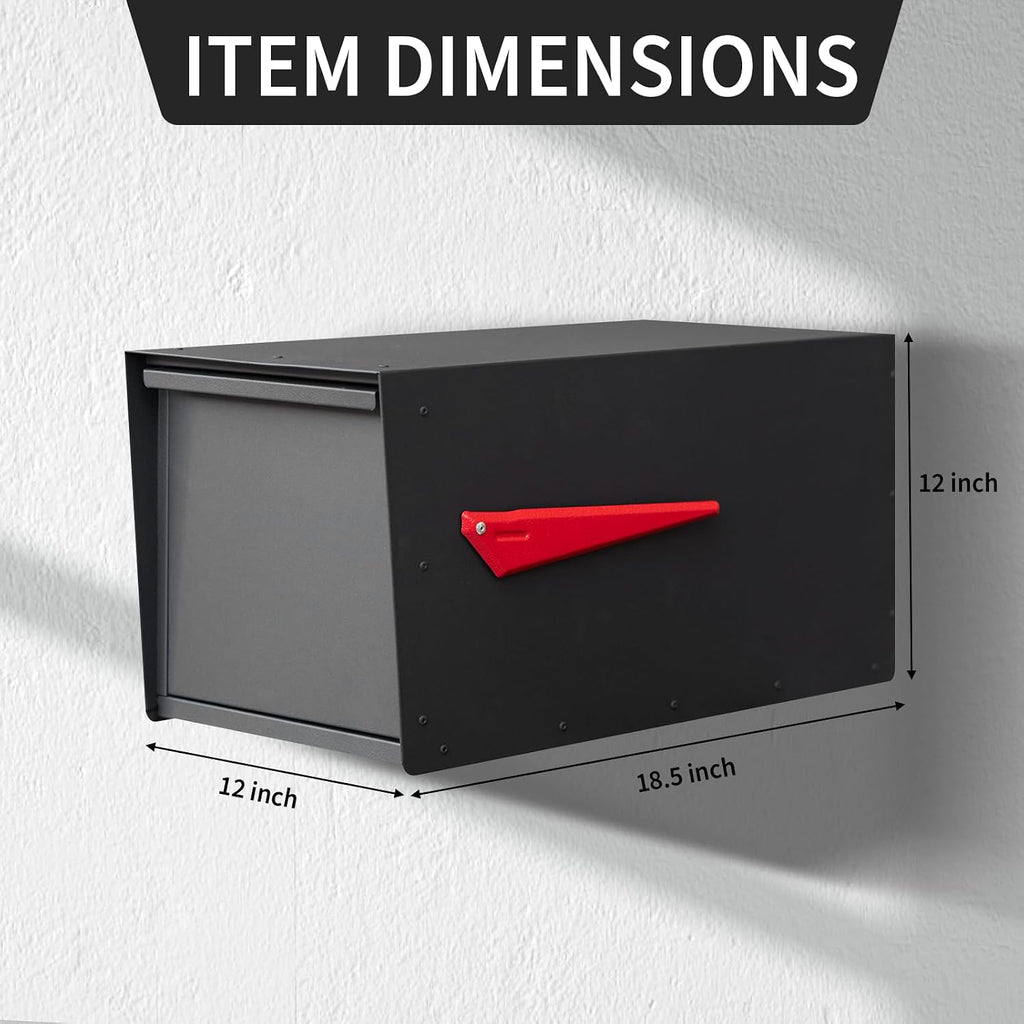 Modern Post-Mounted Mailbox, Heavy Duty Mailbox with Flag, Weatherproof Mailboxes for Outside Galvanized Steel and Rust-Proof Metal Post Box, 20' x 10' x 10' Large Black Heavy Gauge Mailbox