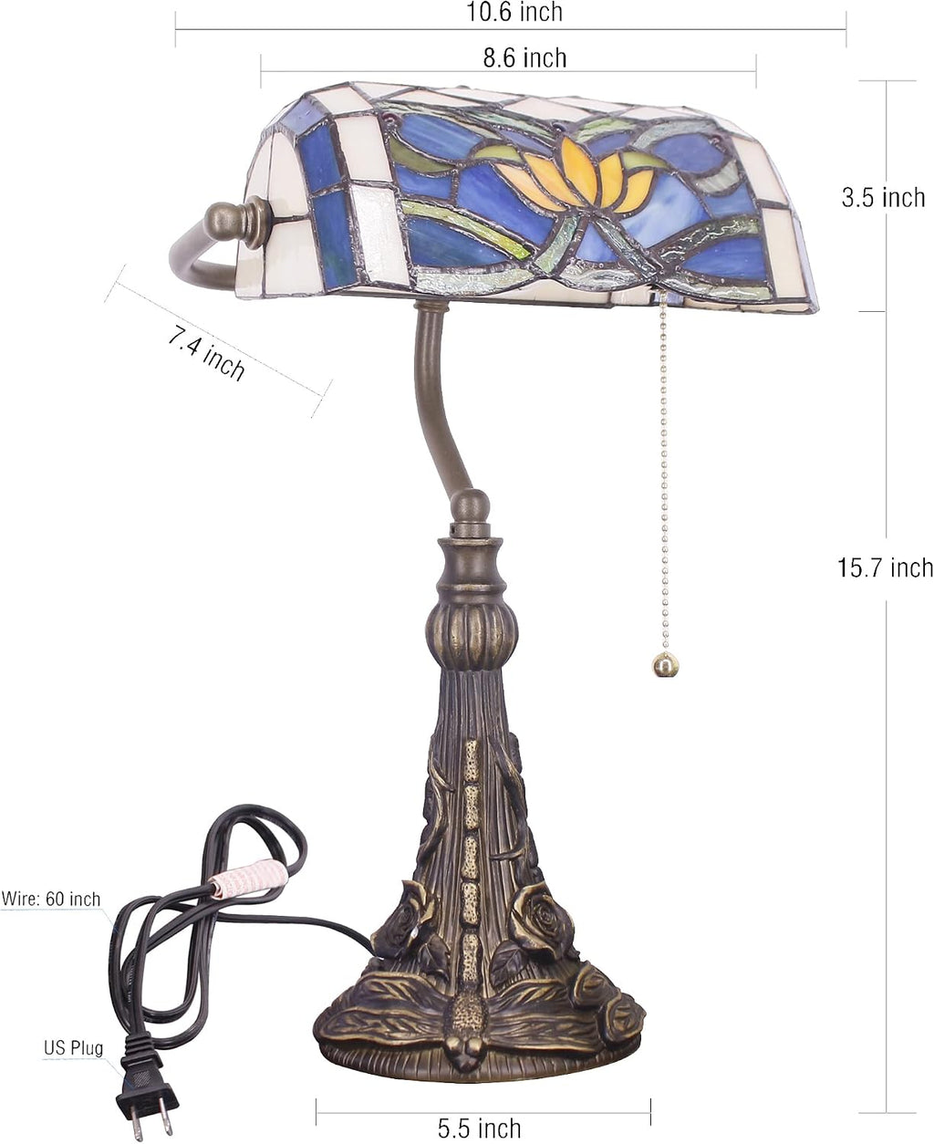 Tiffany Banker Lamp Small Stained Glass Table Lamp Tiffany Style Piano Light Blue Yellow Lotus Style Desk Lamp Angle Adjustable 10.6X15.7 Inch for Home Office Living Room Bedroom