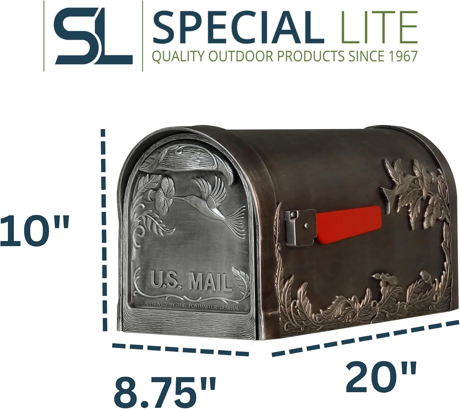 Special Lite Hummingbird Curbside Mailbox - Swedish Silver Aluminum Mailbox for Post Mount - SCB-1005-SW
