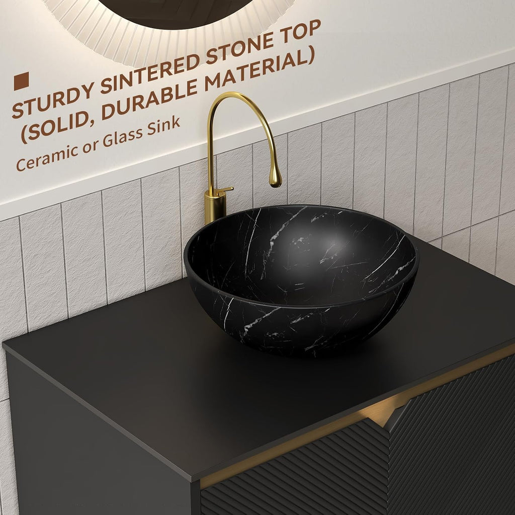 30 Inch Bathroom Vanity with Sink, Floating Fluted Vanity with Vessel Sink, Modern Bathroom Vanity Cabinet with 2 Doors, Bowl Vessel Sink & Sintered Stone Top, Black