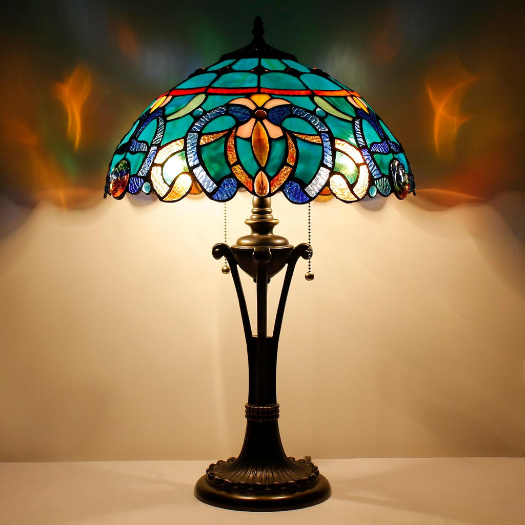 Tiffany Table Lamp 24 Inch Stained Glass Desk Lamp Blue Green Baroque Reading Light for Bedroom Living Room Bedside Nightstand