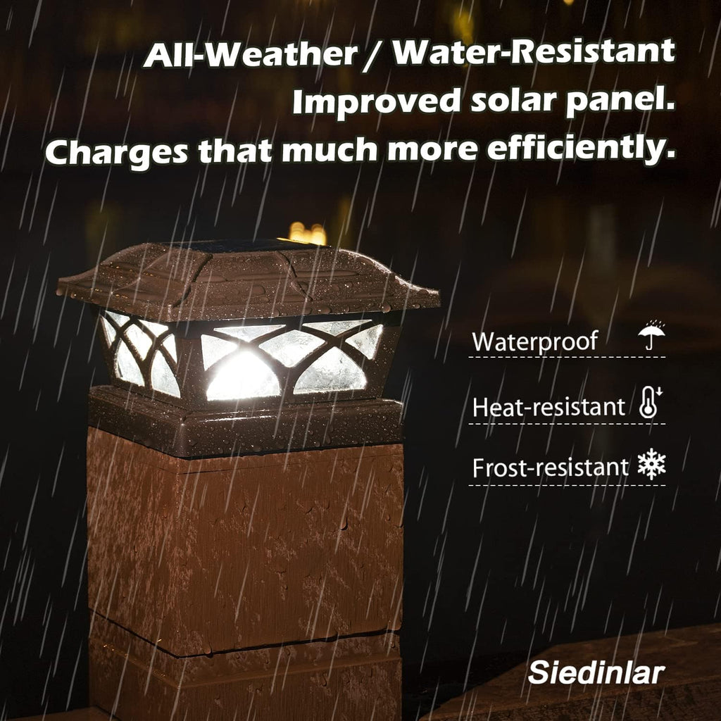 SIEDiNLAR Solar Post Cap Lights Outdoor Glass 2 Color Modes 8 LEDs for 4x4 5x5 6x6 Wooden Vinyl Posts Deck Fence Patio Decoration Warm White & Cool White Lighting Brown (10 Pack)