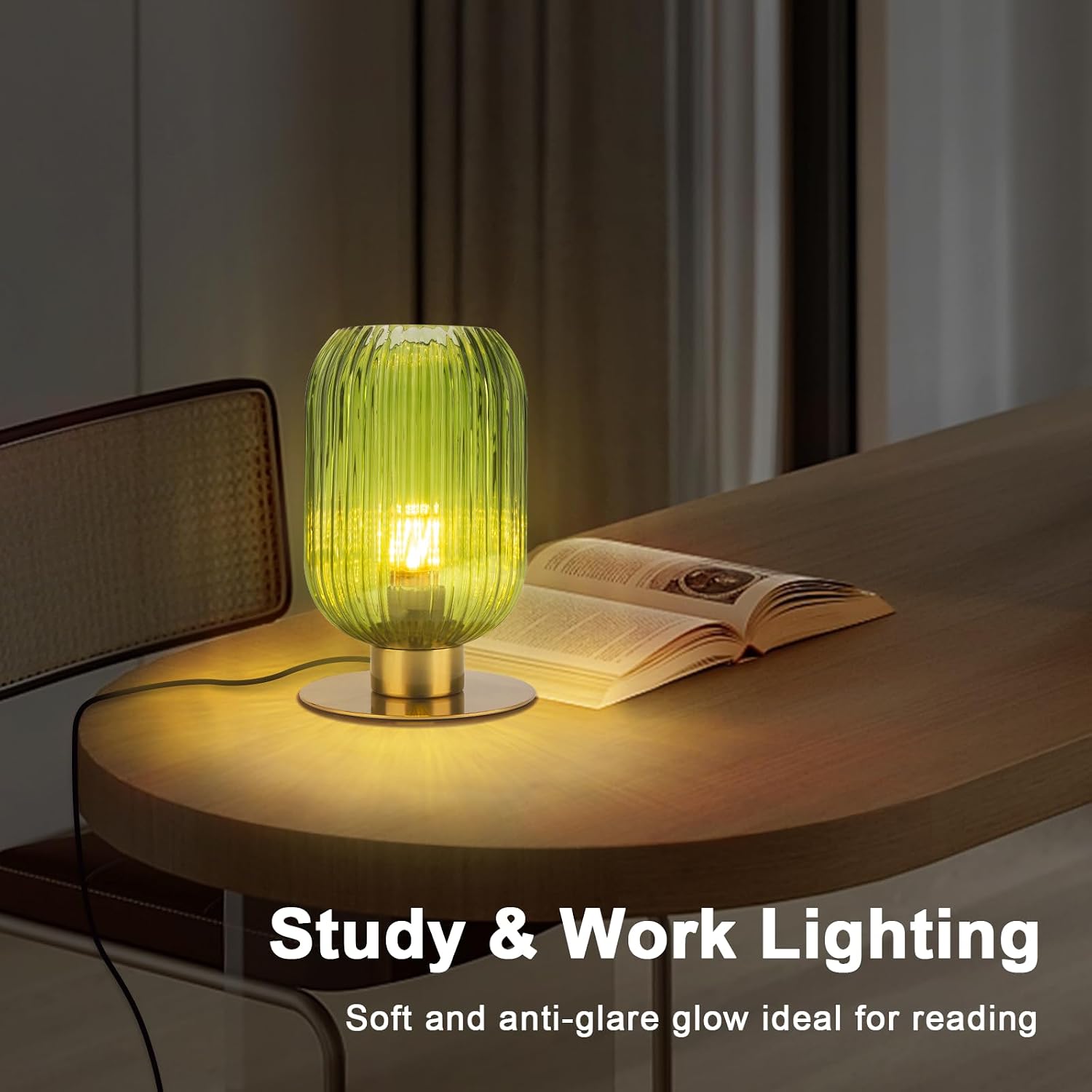 Bedside Table Lamps Set of 2, Small Glass Table Lamp Green Bedside Lamp with Brass Metal Base, Mid Century Table Lamp Gold Nightstand Lamp End Table Lamps for Bedroom Living Room Office