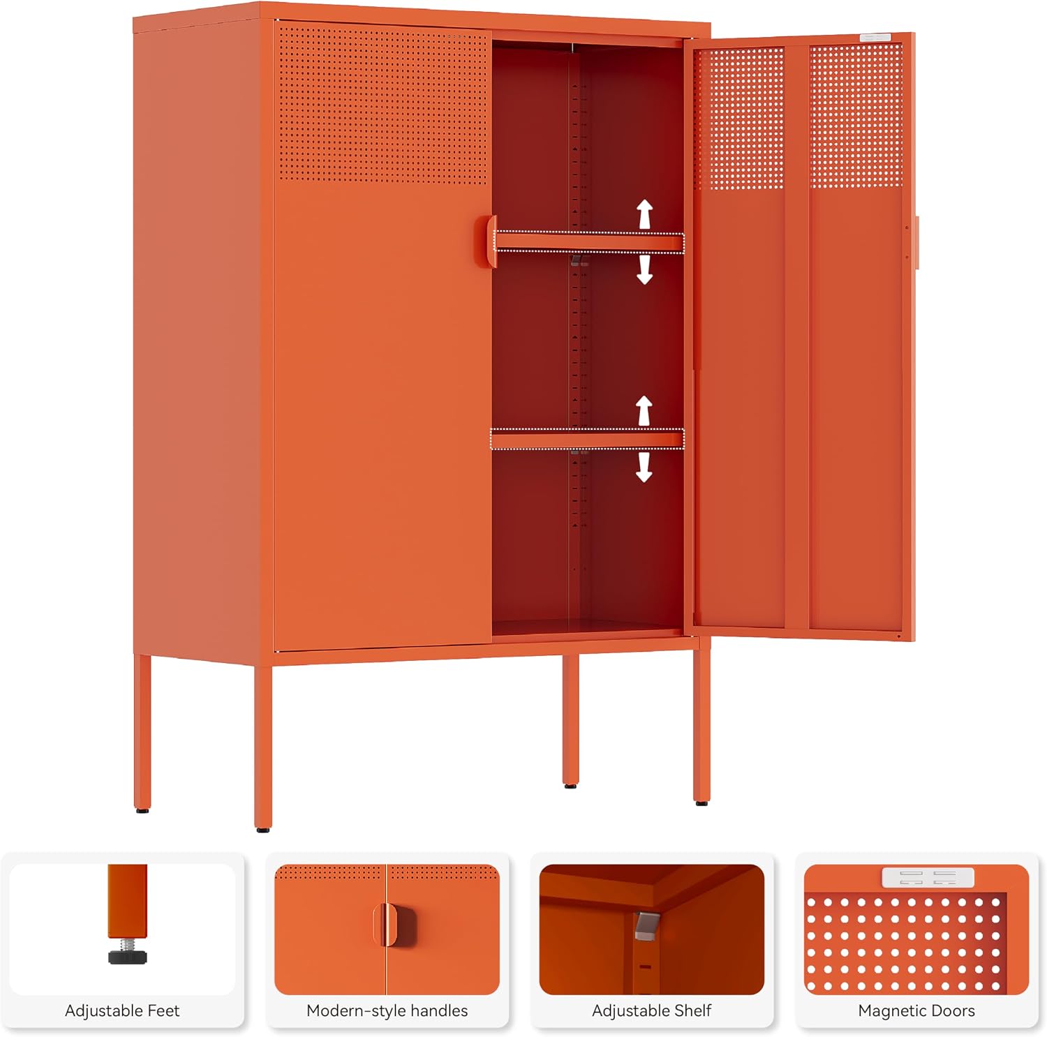 Orange Metal Storage Cabinet,2 Door TV Stand, Metal Mesh Accent Cabinet,Magnetic Door Closure,Low Storage Cabinets with Doors and Shelf for Home,Office,Living Room