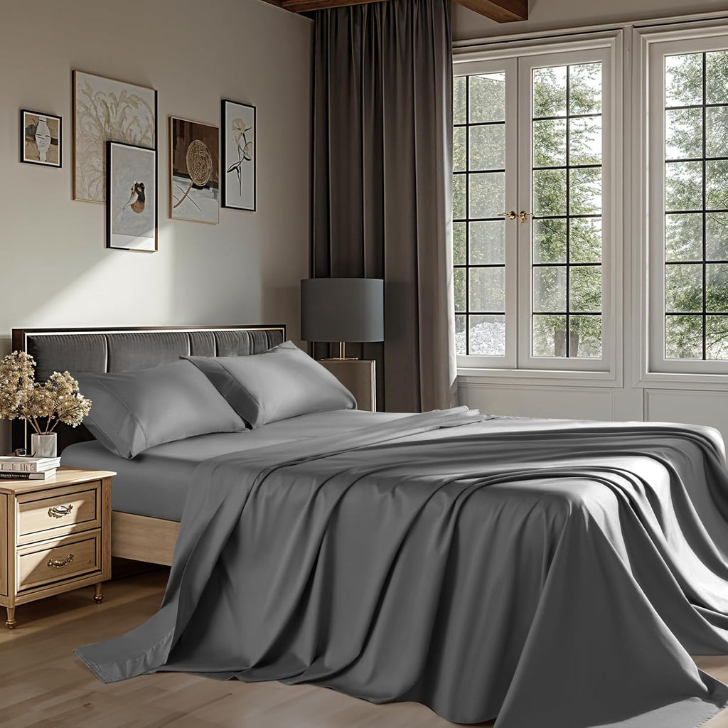 100% Cotton 1200 Thread Count Sheets Set Bedding Sets,Bed Sheet 4 Piece Sets,16 inches Deep Pocket (Dark Grey, Queen)