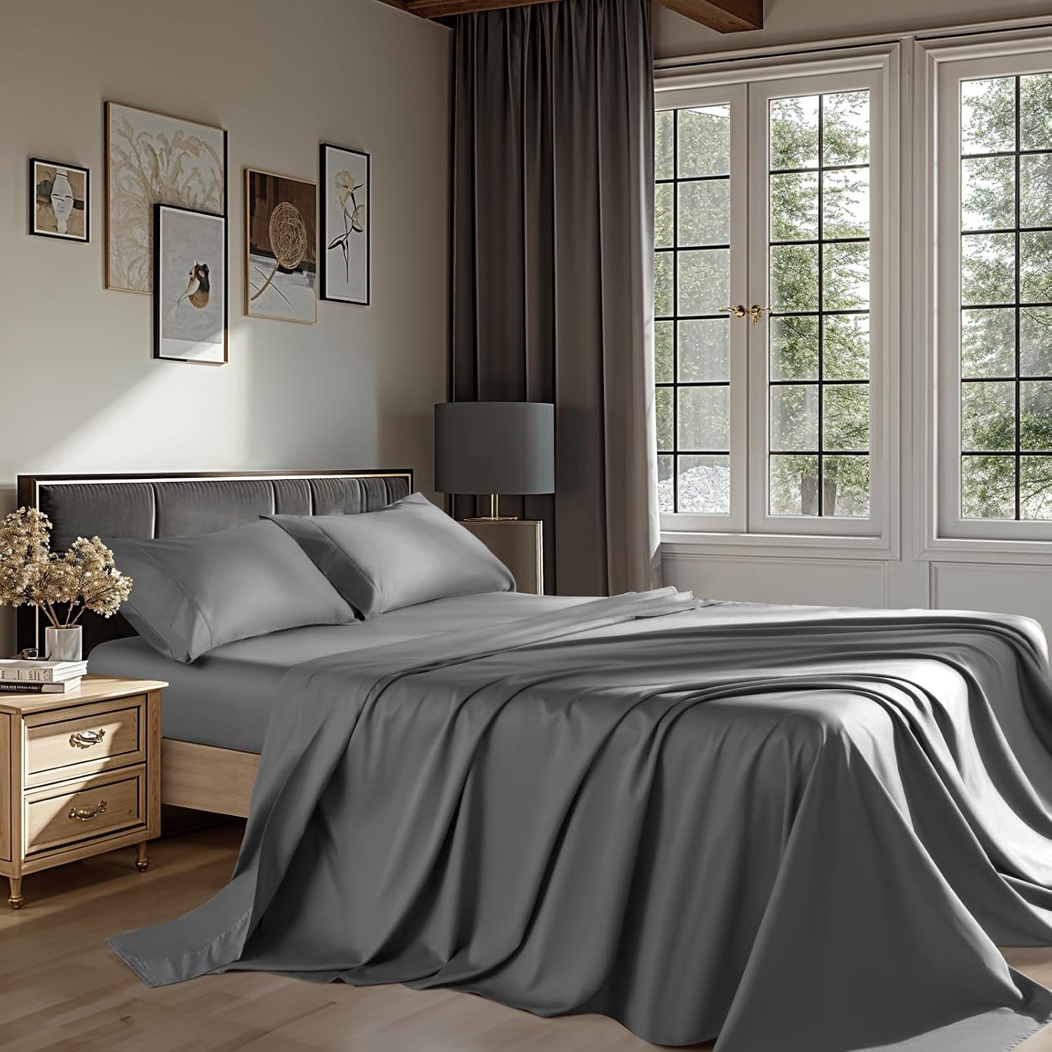 100% Cotton 1200 Thread Count Sheets Set Bedding Sets,Bed Sheet 4 Piece Sets,16 inches Deep Pocket (Dark Grey, Queen)