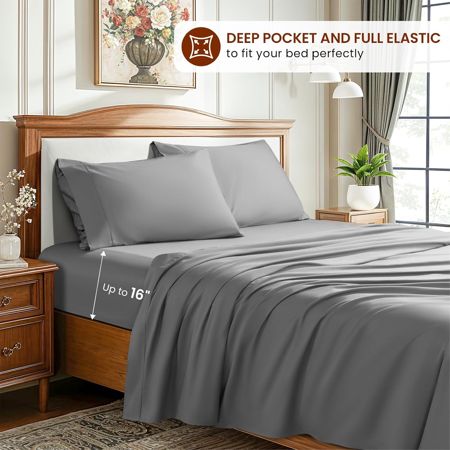 LBRO2M 1500 Thread Count Sheets 100% Egyptian Cotton Sheets Set Queen Size Sheets 16 Inches Deep Pocket Bedding 4 Piece Sets (Queen, Gray)