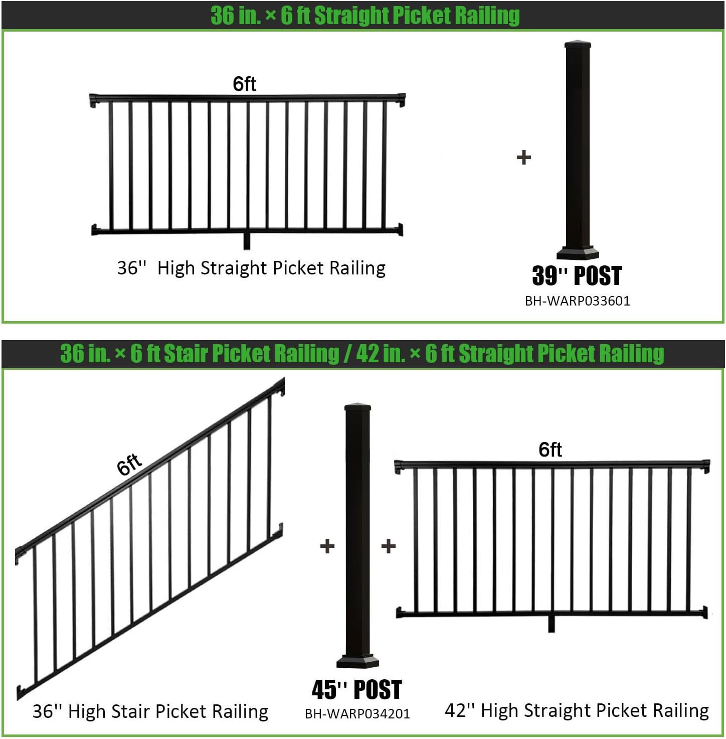 36 in. H x 6 ft. Heavy Duty BH Aluminum Straight Picket Railing, Porch and Deck Railing Kit Supports Up to 800 Lbs, IBC Compliant and Certified, AAMA2604 Powder Coating, Textured Black