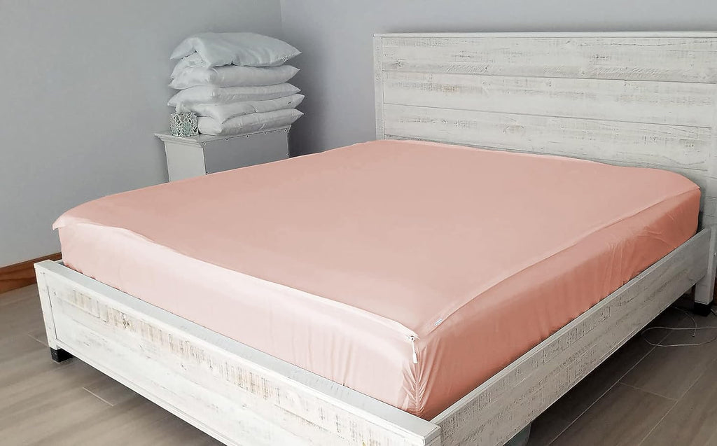 Zip On Sheets™ Zipper Fitted Sheet Queen Size - Upto 16' Inch Deep Pockets - Includes 1 Fitted Sheet Base & 2 Zip-On Sheets - Easy to Use, Sateen Cotton 500 TC Fitted Sheet - Blush