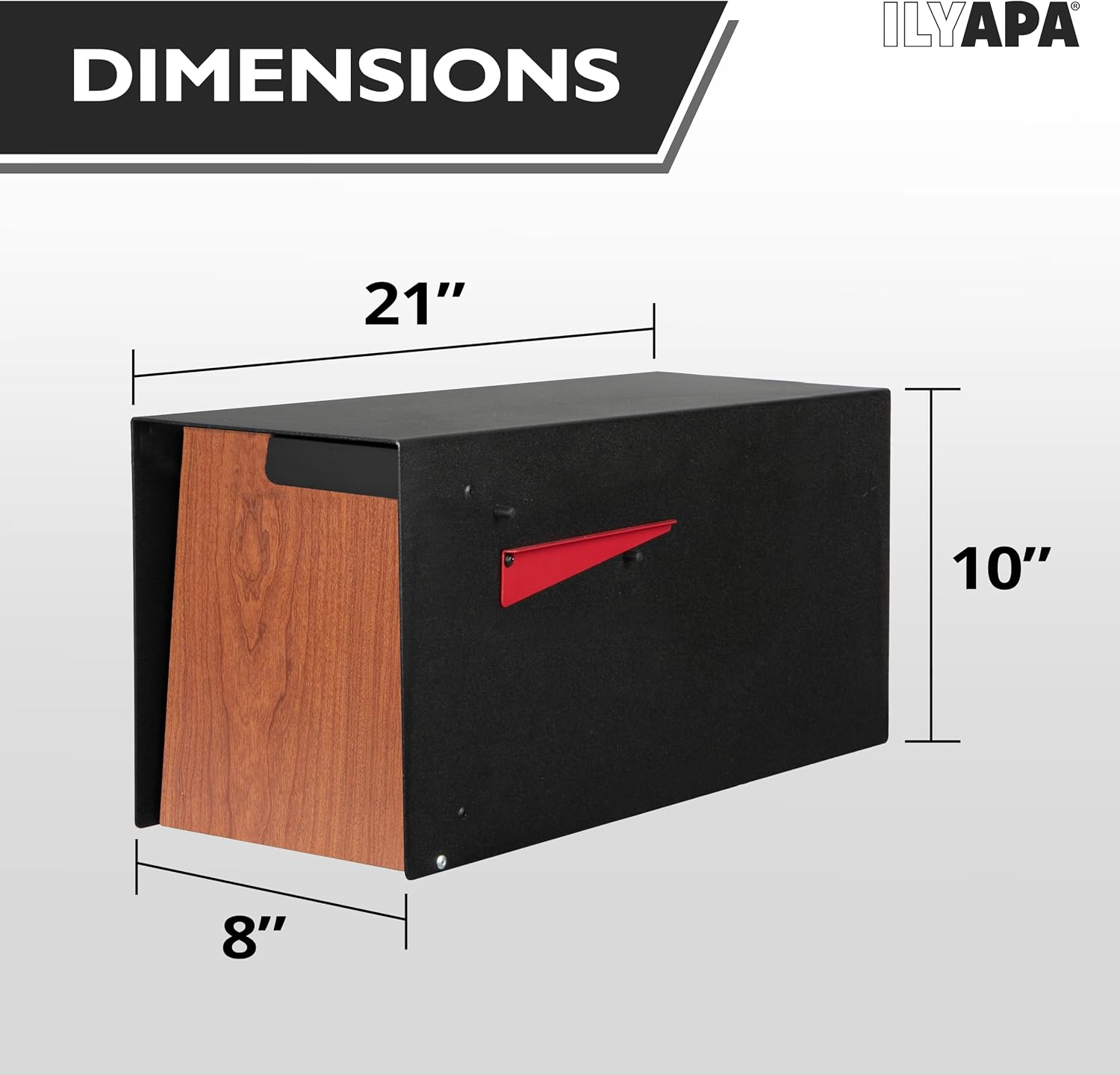 Ilyapa Modern Mailbox Post Mount - 21x8x10 Inch Black Modern Mailboxes for Outside - Heavy Duty Metal Mail Box with Printed Redwood Grain Trim