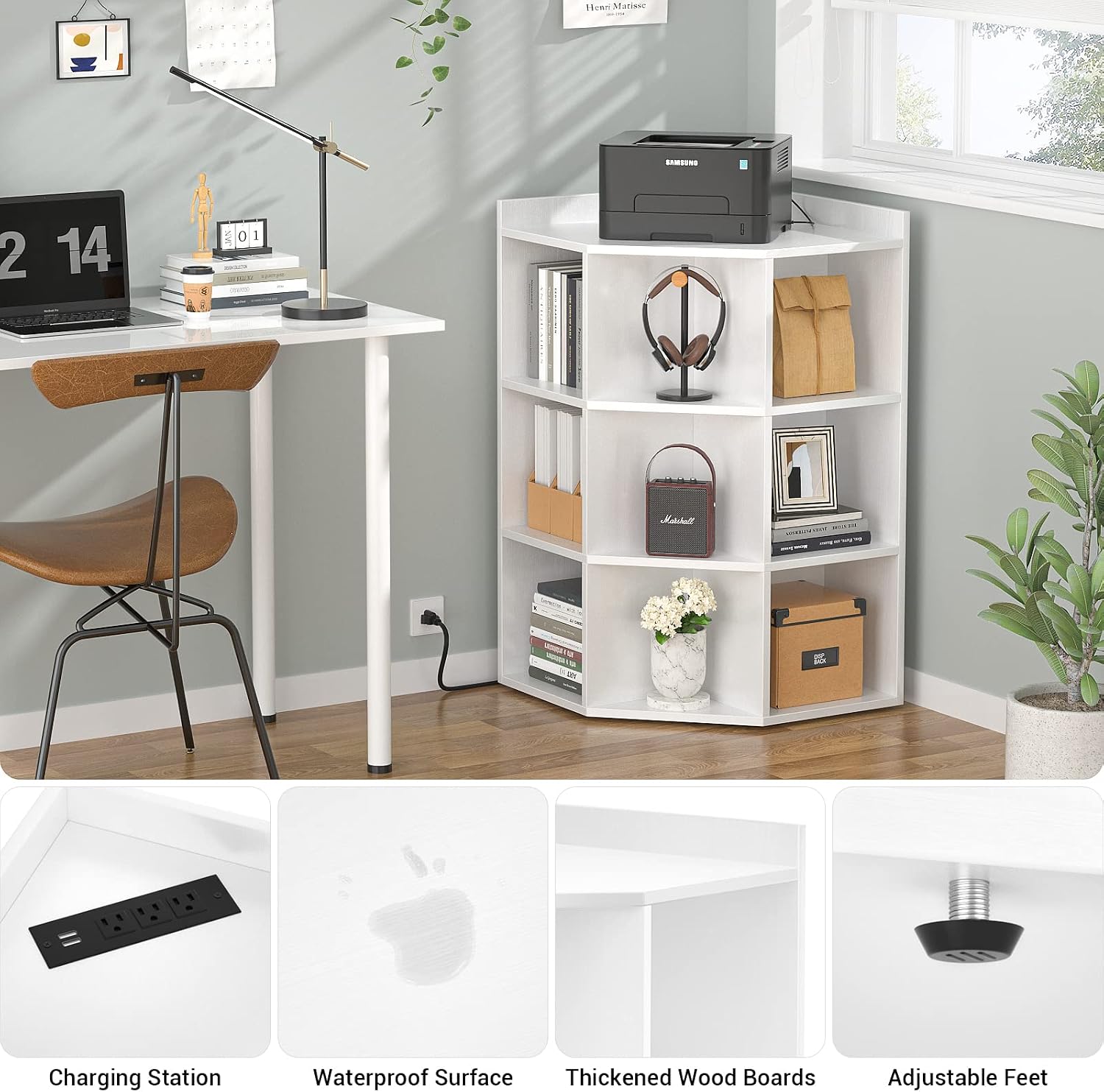 Aheaplus Corner Cabinet, White Corner Storage with USB Ports and Outlets, Corners Cube Toy Storage for Small Space, Wooden Cubby Corner Bookshelf with 9 Cubes for Bedroom, Living Room, Office, White