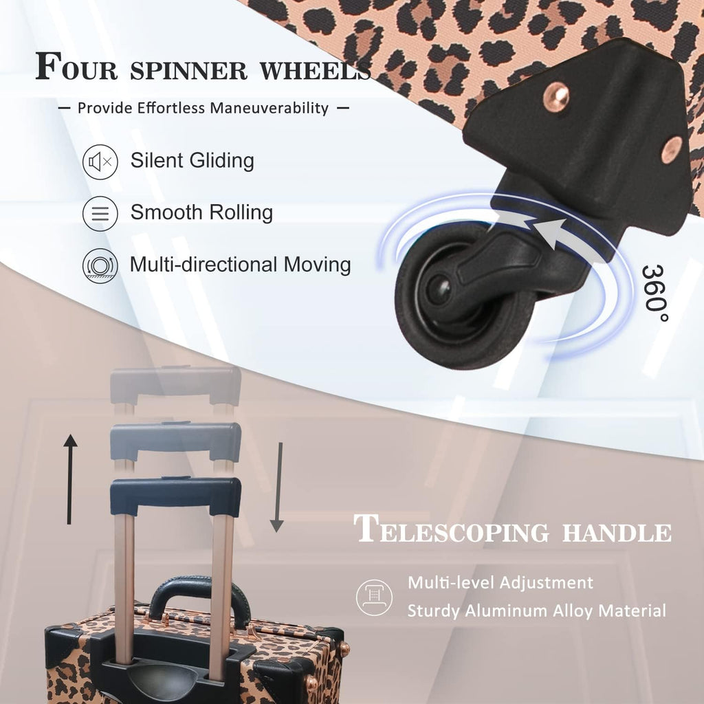 Unitravel 2 Piece Vintage Suitcase Set, 26' Women Cute Travel Luggage with 12' Handbag, Hardside Faux Leather Spinner Trunk with TSA Lock (Leopard)
