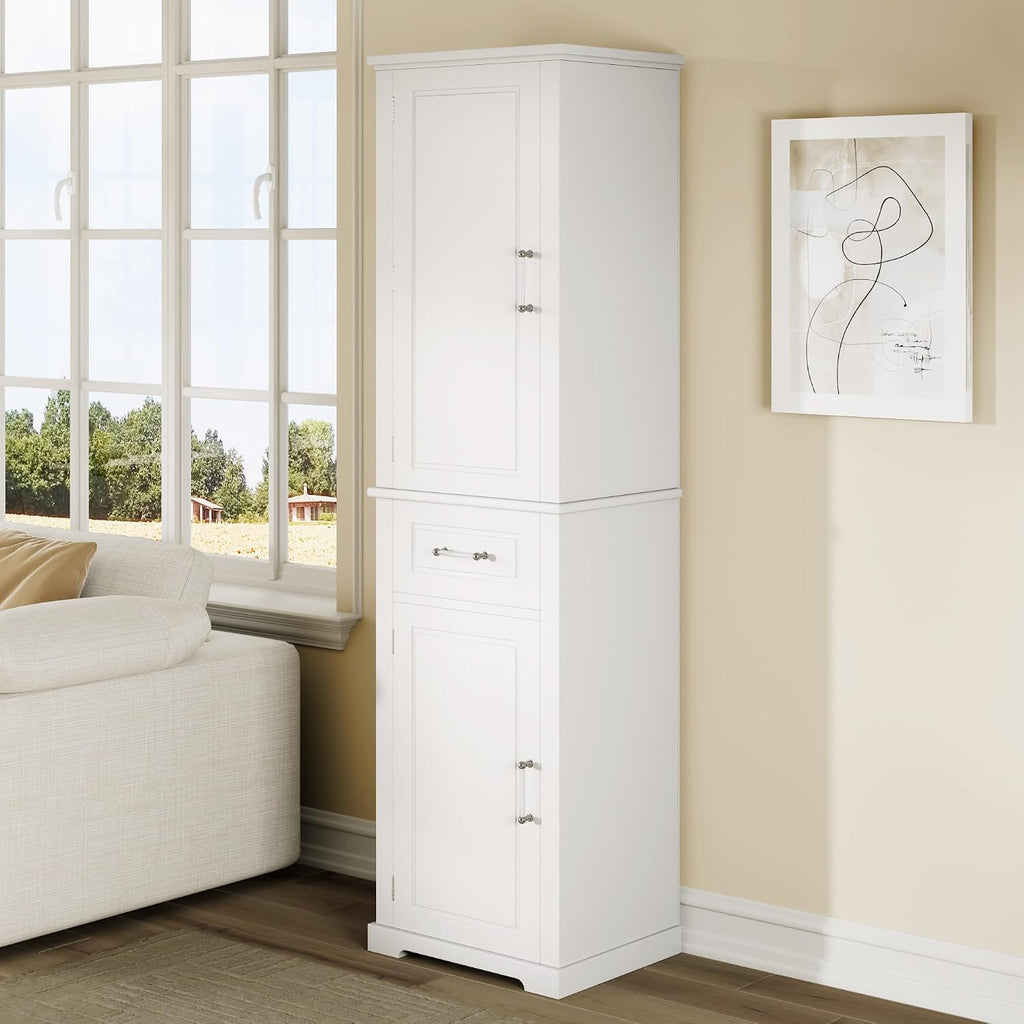 Tall Bathroom Storage Cabinet, Freestanding Bathroom Accent Storage Cabinet with Doors & Adjustable Shelves & Built-in Door Shelve for Home Kitchen, Living Room (White Style3)