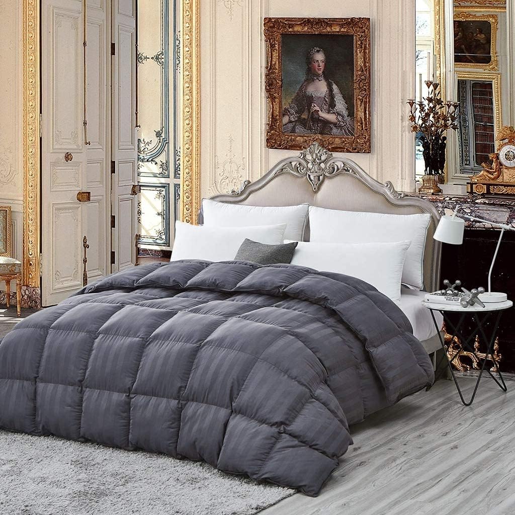 Luxurious Goose Down Comforter Duvet Insert, California King Gray Stripe Design, 1200 Thread Count 100% Egyptian Cotton, 750+ Fill Power, 65 oz Fill Weight