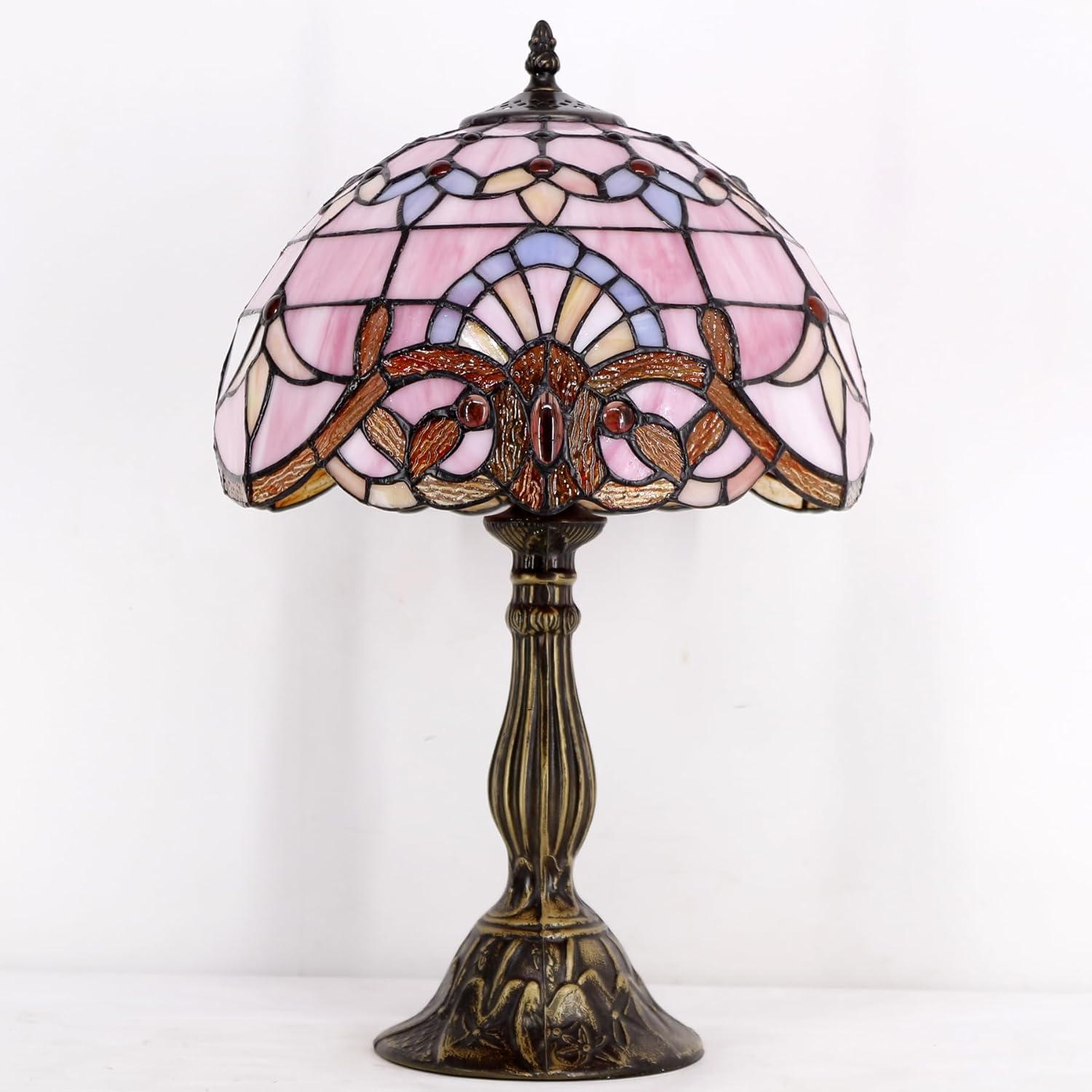 WERFACTORY Tiffany Lamp Stained Glass Table Lamp 12X12X18 Inch Pink Baroque Style Lavender Bedside Reading Desk Light Decor Bedroom Living Room Home Office S003P Series