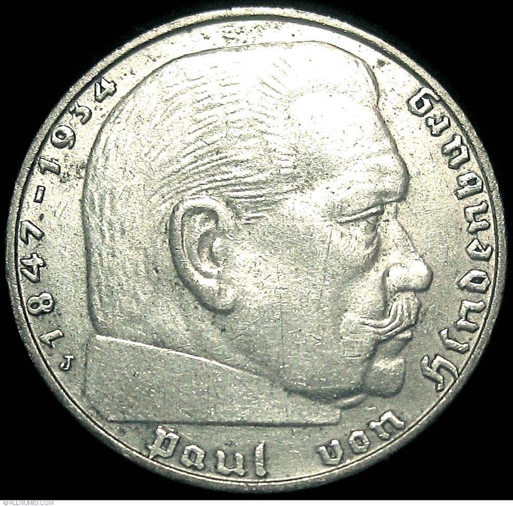 1939 DE RARE ORIG NAZI SILVER COIN w SWASTIKA/HINDENBURG! GUARANTEED WW2 DATE! IN STRONG DEMAND - ORDER NOW! 2 SILVER MARKS AU or BETTER