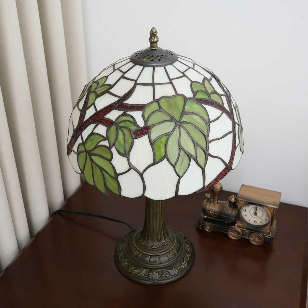 Tiffany Style Table lamp with Green Leaf Stained Glass lamp 12 Inch Retro Bronze Base Bedside Lamp Bedroom，Living Room, Bar, Restaurant Hotel French Countryside Style Decorative Ambient Light
