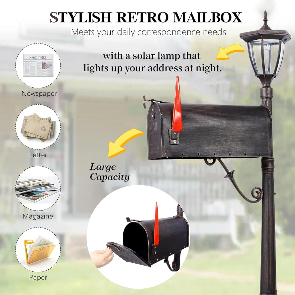 Mailbox with Post Lights,Mailbox/Post Light Combo for Outside,Stratford Heavy Duty Cast Aluminum Post Mount Mailboxes for Outside Decorative(2in1)