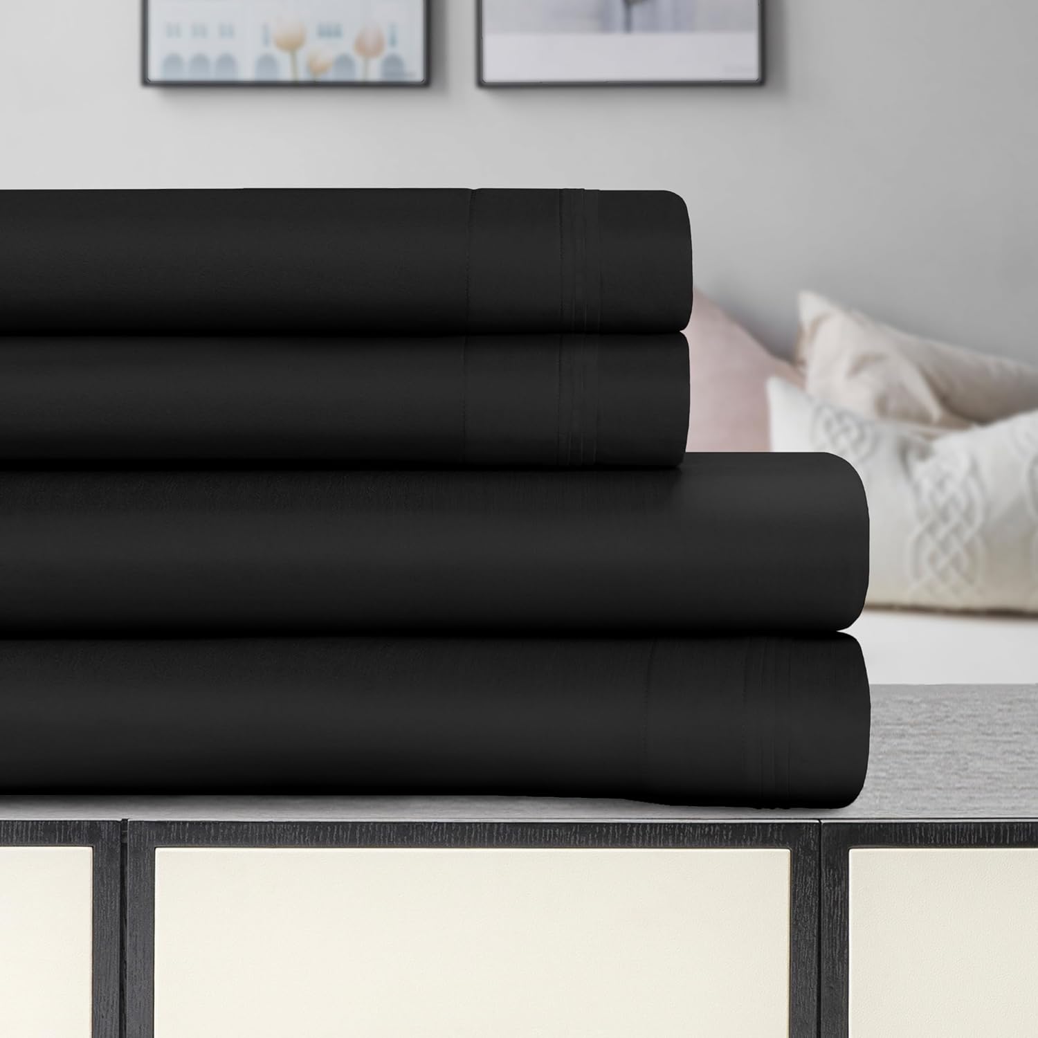 Superior Egyptian Cotton 4 Piece Sheet Set, Luxury 1500 Thread Count, Modern Design, Sustainable Sheets, Ultra-Soft Basics, Solid, Deep Pocket Fitted Sheet, Flat Sheet, Pillowcases, King, Black