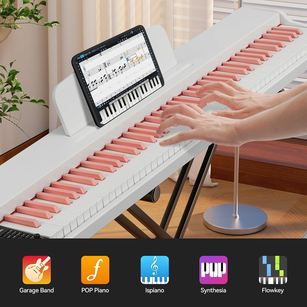 Digital Piano 88 Key Weighted, Full Size Keyboard Piano Set with Sheet Music Stand,Pedal,Power Adapter, for Beginners,White Pink (Keyboard Only)