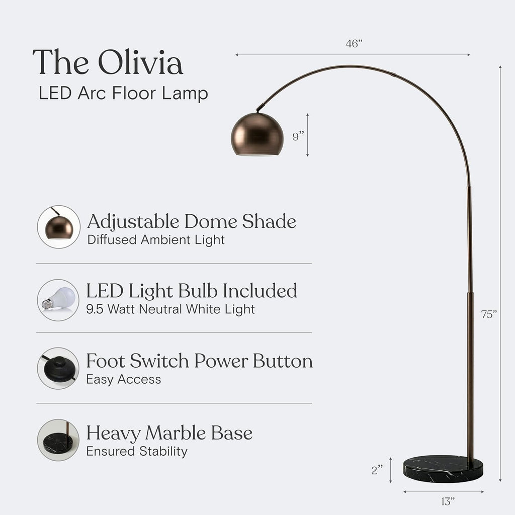 Brightech Olivia LED Floor Lamp - Tall Arc Lamp with Metal Dome Head and Marble Base for Living Room, Standing Reading Lamp with LED Bulb for Bedroom, Office - Oil Brushed Bronze