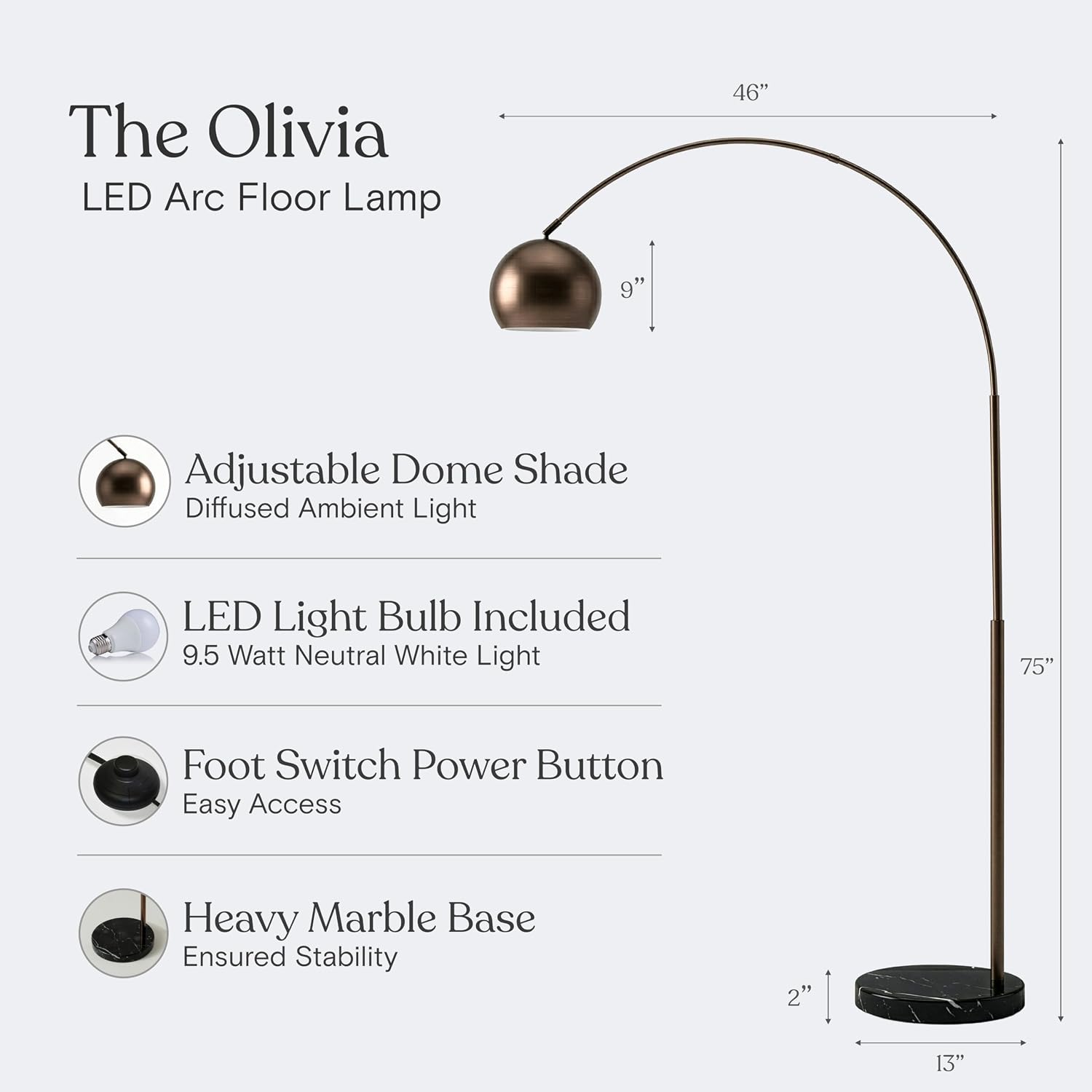 Brightech Olivia LED Floor Lamp - Tall Arc Lamp with Metal Dome Head and Marble Base for Living Room, Standing Reading Lamp with LED Bulb for Bedroom, Office - Oil Brushed Bronze
