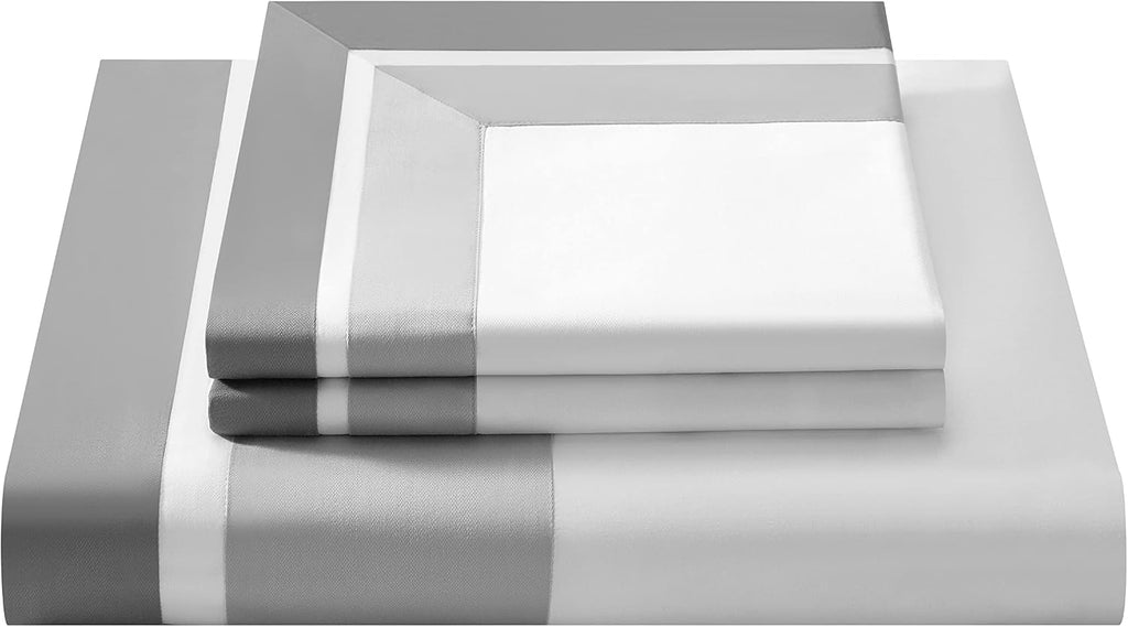 Casabolaj Shading 3 Pieces Do Not Include Filling Duvet Cover Set 100% Egyptian Cotton Sateen Luxury 400 TC Frame Patchwork Button Closure and Corner Ties-White/Taupe/Grey (Queen)
