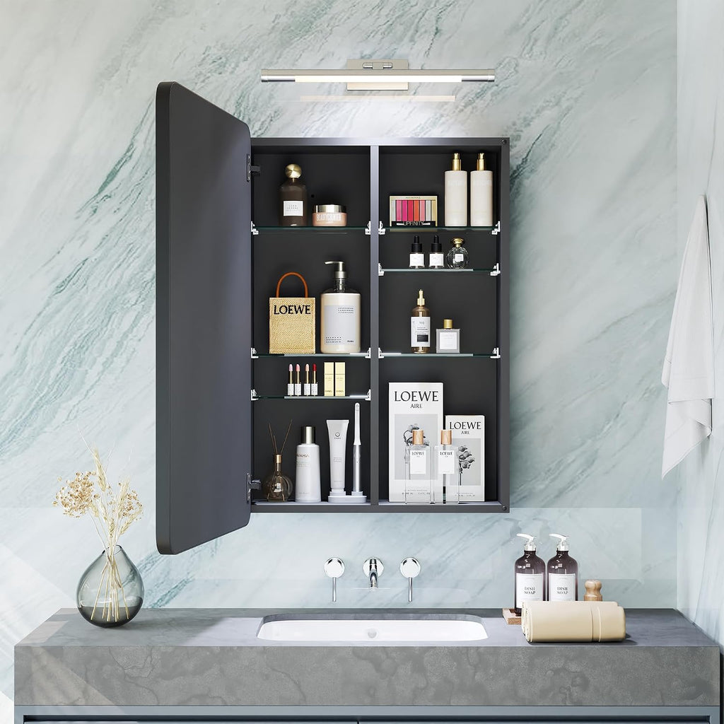 Modern Bathroom Mirror with Storage 16x24 Inch, Matte Black Aluminum Medicine Cabinet, Recessed or Surface Mount, 6 Adjustable Glass Shelves, Waterproof Vanity Organizer, DTC Hinges