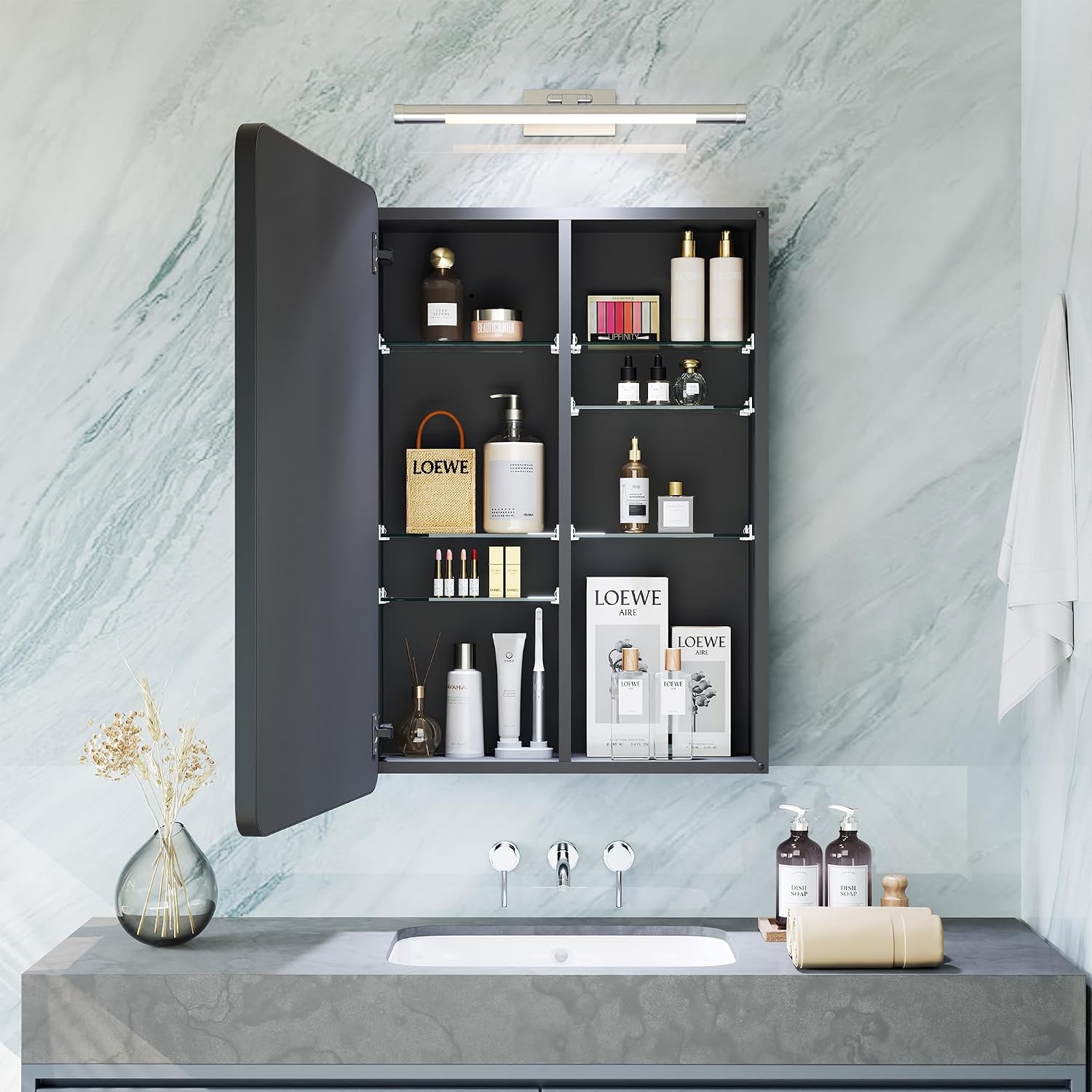 Black Medicine Cabinet with Mirror 16x20 Inch, Small Bathroom Wall Cabinet with Storage, Modern Matte Finish, 6 Adjustable Glass Shelves, Silent Soft Close, Rust Proof Aluminum Organizer