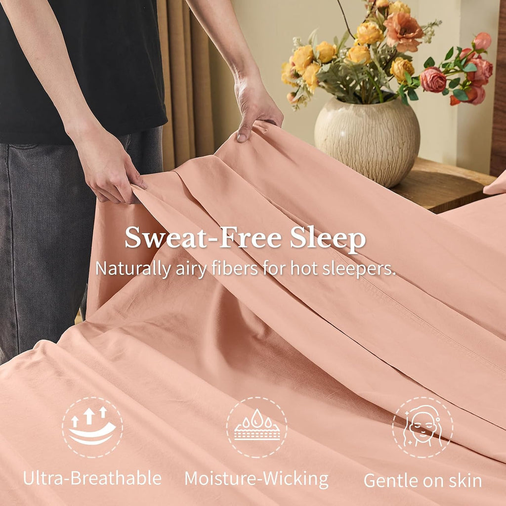MEISHANG 100% French Pure Linen Sheets Queen Size - Bed Sheets 4 Piece Sets, Soft Durable Flax Linen, Anti-Tear Breathable Moisture Wicking with 16' Deep Pocket (Light Red)