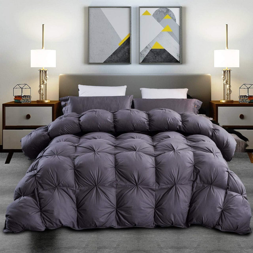 Luxurious Goose Down Comforter Queen Size Duvet Insert, Premium Pinch Pleat Design, 1200 Thread Count 100% Egyptian Cotton, 750+ Fill Power, 60 oz Fill Weight (Queen, Gray)