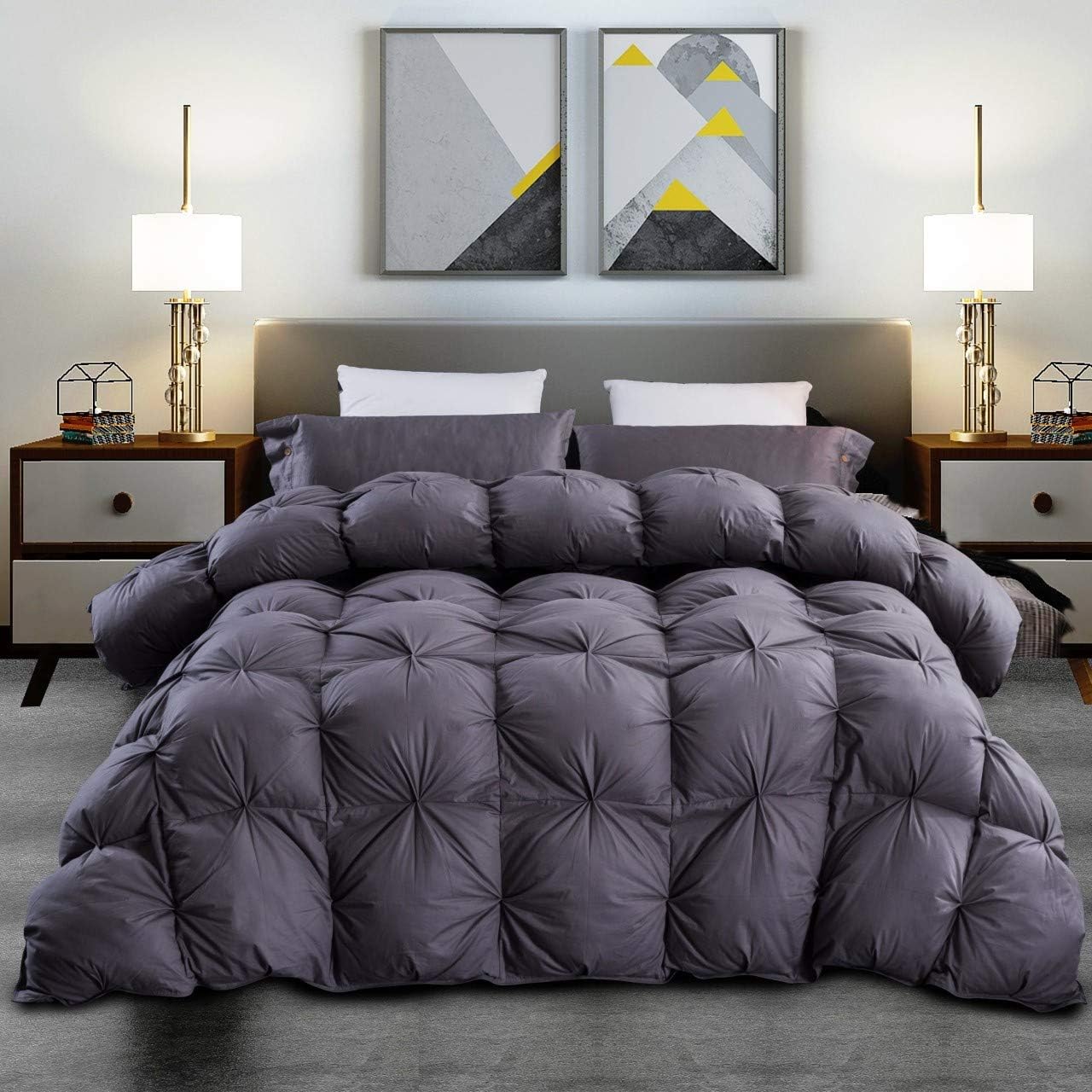 Luxurious Goose Down Comforter Queen Size Duvet Insert, Premium Pinch Pleat Design, 1200 Thread Count 100% Egyptian Cotton, 750+ Fill Power, 60 oz Fill Weight (Queen, Gray)