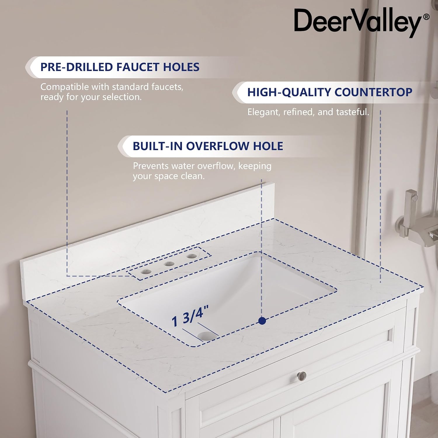 DeerValley 30 Inch Bathroom Vanity with Sink and Backsplash, Pre-Assembled Modern Bath Cabinet with Storage, Soft Close Doors, White