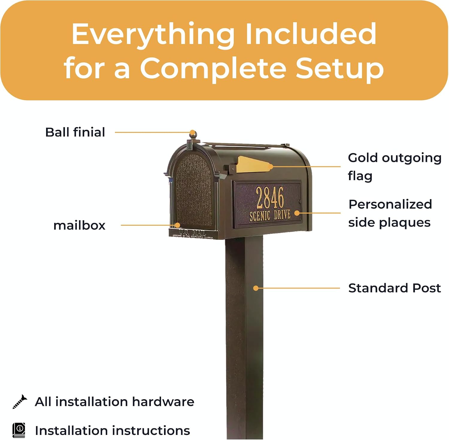 Whitehall Premium Mailbox Package with Personalized Address Plaques Classic Cast Aluminum Streetside Mailbox and Standard Post Designed to Enhance Your Home's Curb Appeal