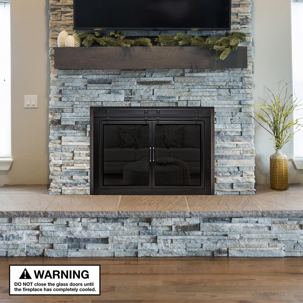 UniFlame - Gregory - Cabinet-Style Fireplace Doors with Smoke Tempered Glass (Color: Black, Size: Small - Fits Opening 30in to 37in W x 22.5in to 29.5in H)