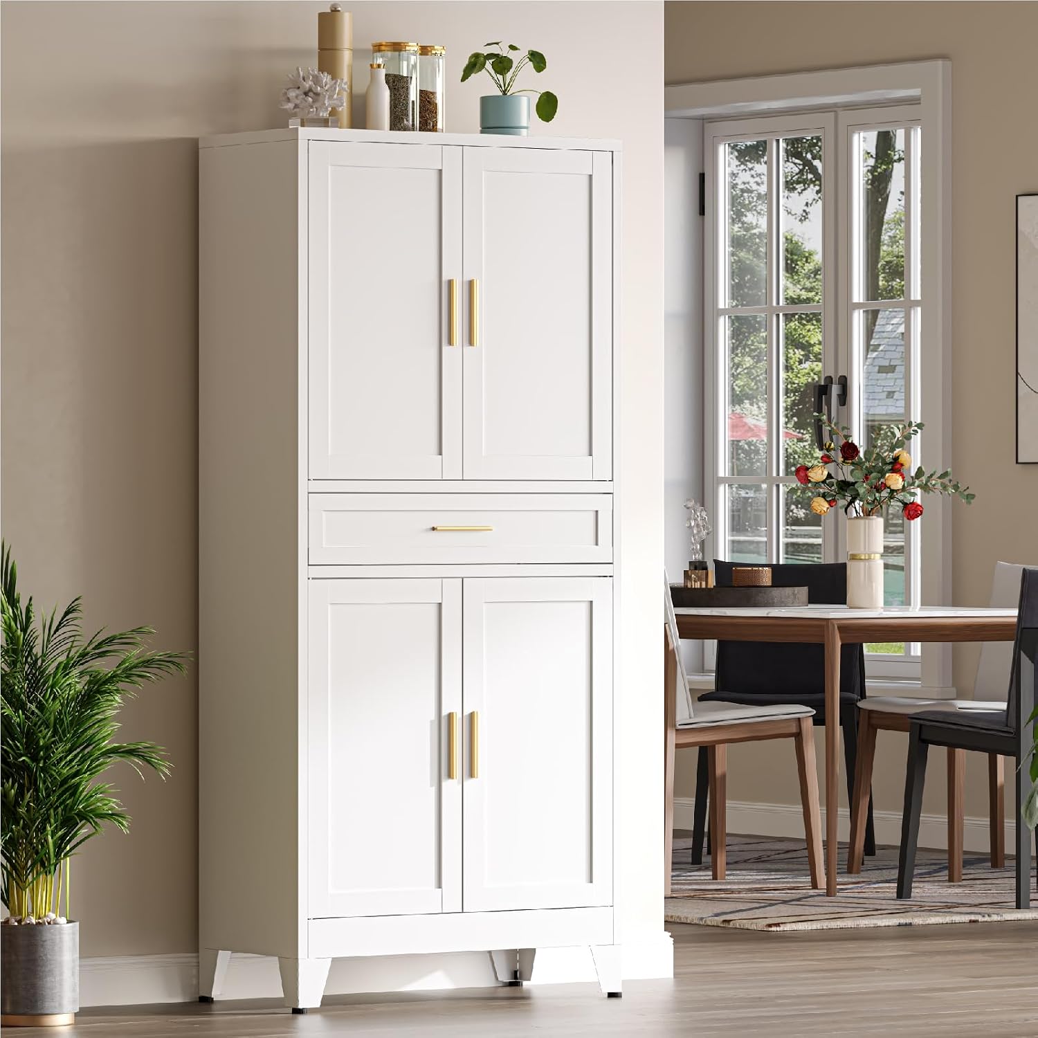 Metal Storage Cabinet, 71' Tall Kitchen Pantry Cabinets, Steel File Cabinet with 4 Doors & Adjustable Shelves and Drawer for Kitchen, Dining Room, Living Room, Bathroom