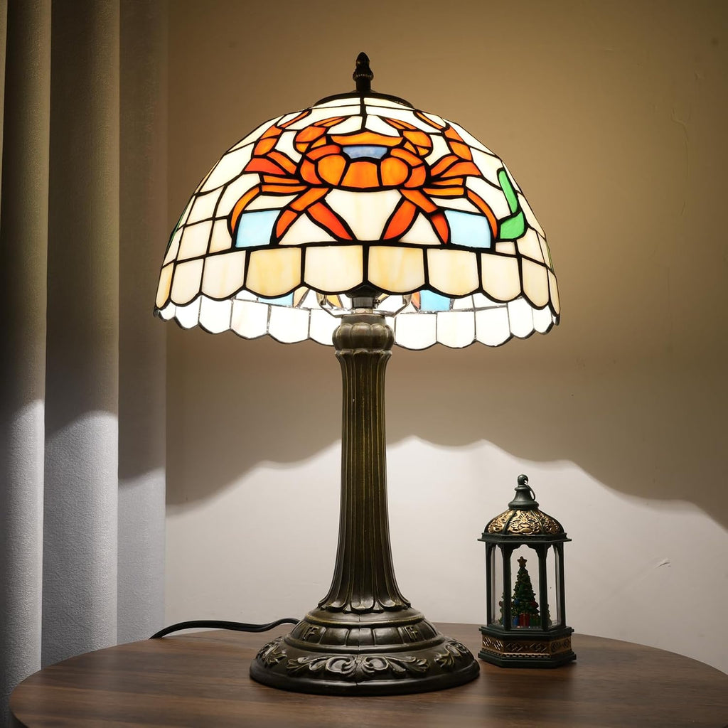 Tiffany Style Table Lamp with Orange Crab Stained Glass Lamp 12 Inch Retro Bronze Base Bedside Lamp Bedroom，Living Room, Bar,Cafe,Restaurant Hotel Art Nouveau Style Decorative Ambient Light