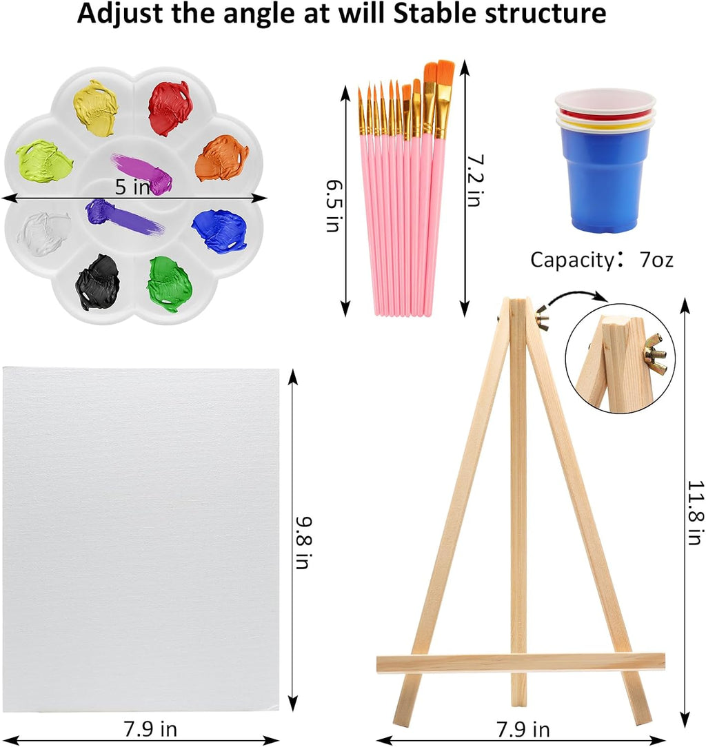 Rabbitale 370 Pcs Art Painting Kit Supplies Set for Party - 200 Paint Brushes, 48 Acrylic Paints, 20 Wood Easels & Canvas Panels & Palettes & Aprons & Wash Pen Cup, 2 Plastic Tablecloth