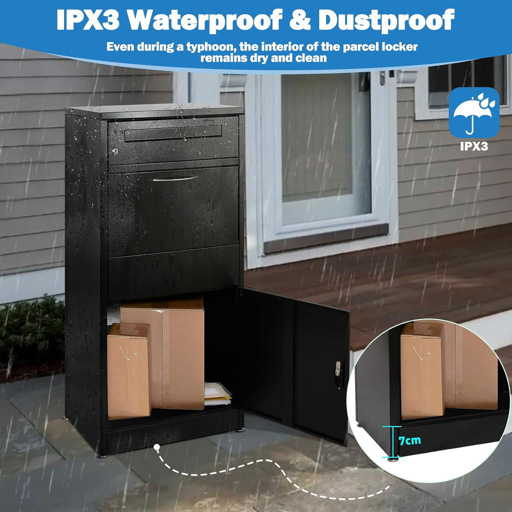 45' Package Delivery Box for Outside - Lockable Black Metal Parcel Drop Box, Anti-Theft, IPX4 Waterproof, Weather-Resistant Mailbox for Porch, Fence, Curbside (XXL: 45.1' * 14.37' * 19.1')