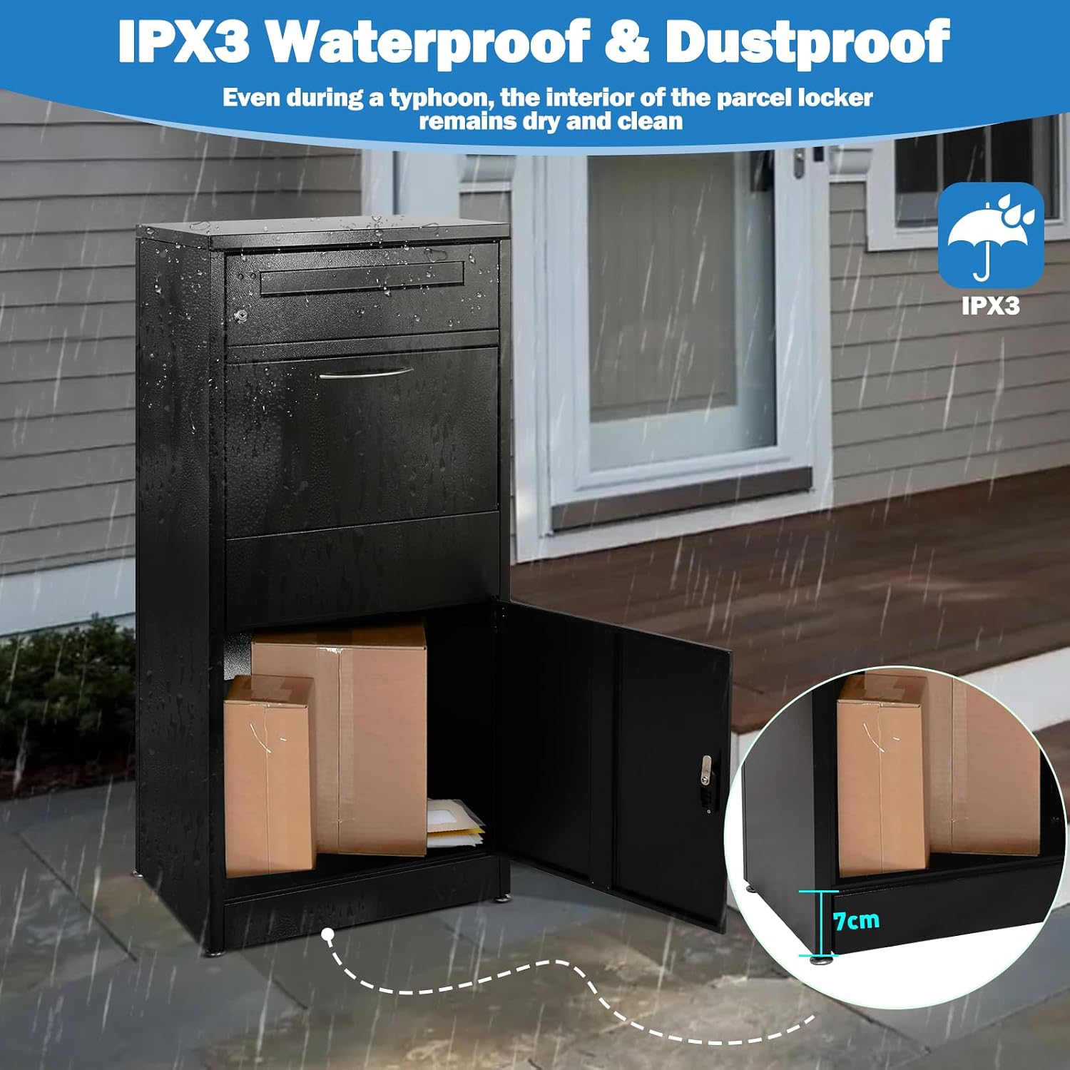 45' Package Delivery Box for Outside - Lockable Black Metal Parcel Drop Box, Anti-Theft, IPX4 Waterproof, Weather-Resistant Mailbox for Porch, Fence, Curbside (XXL: 45.1' * 14.37' * 19.1')